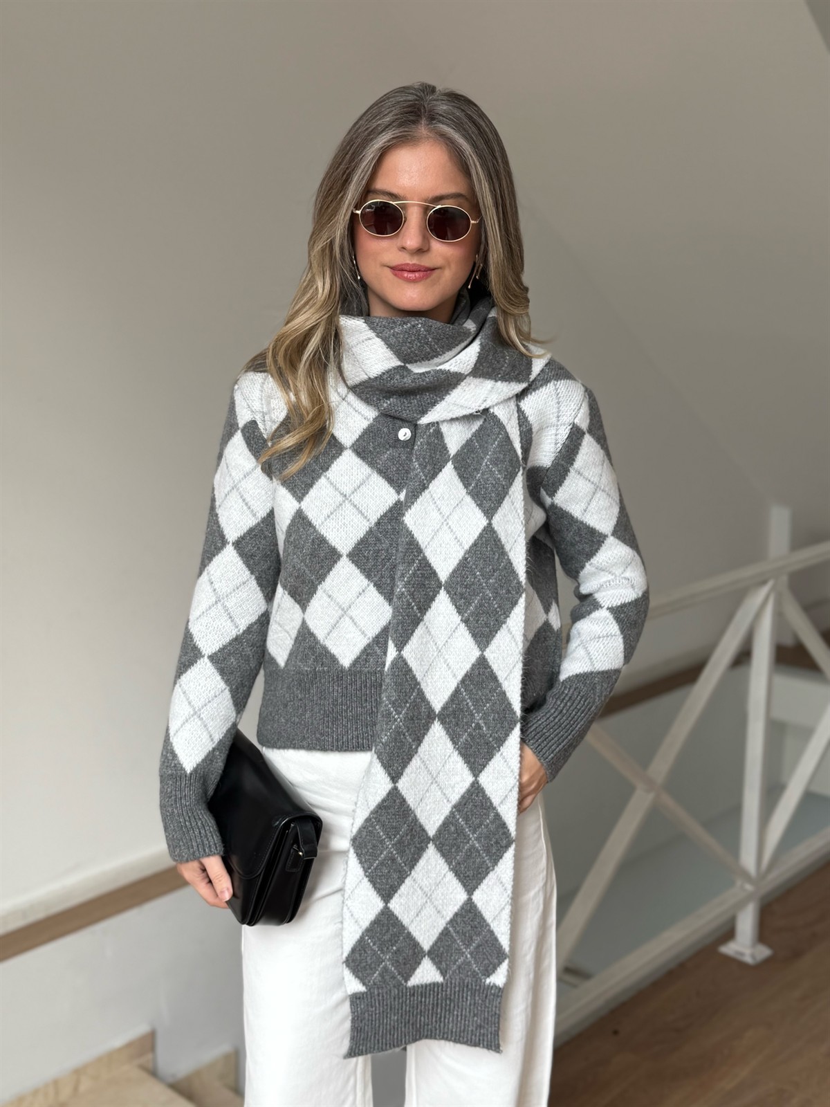 Baklava Desenli Triko Atkılı Kazak - Gri