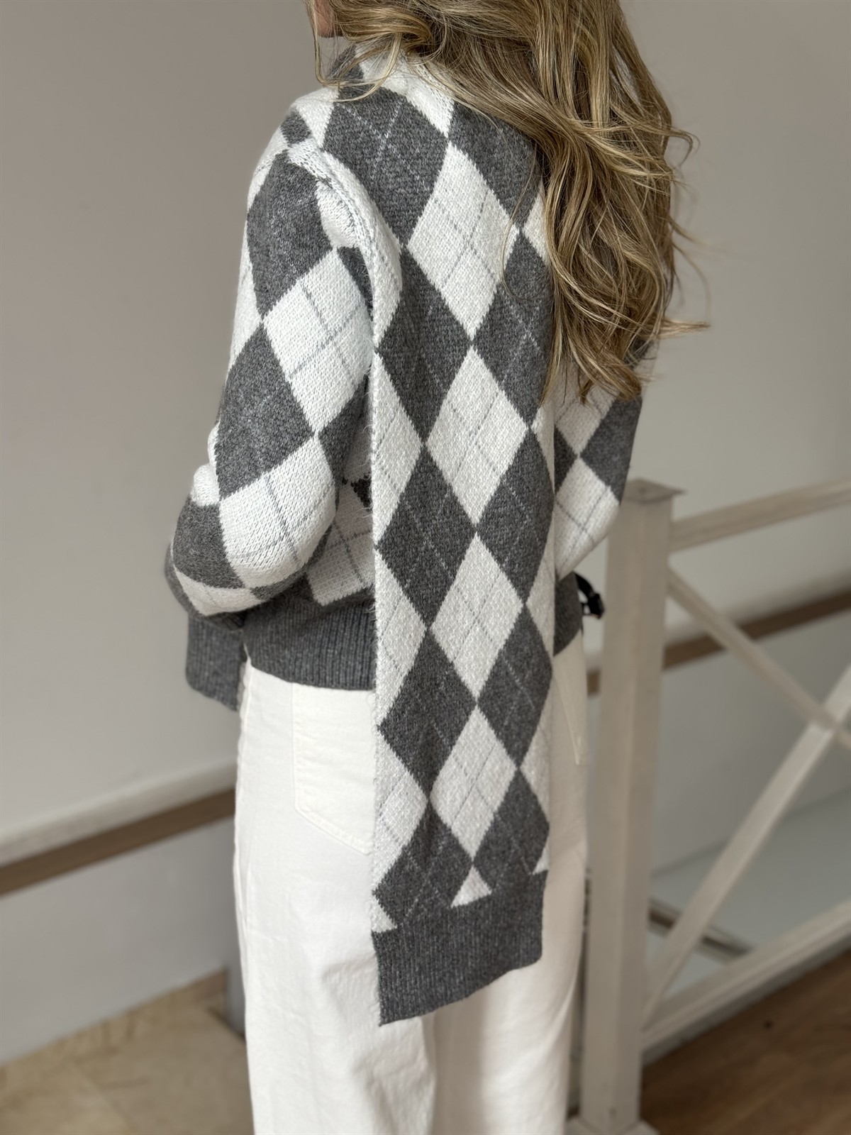 Baklava Desenli Triko Atkılı Kazak - Gri