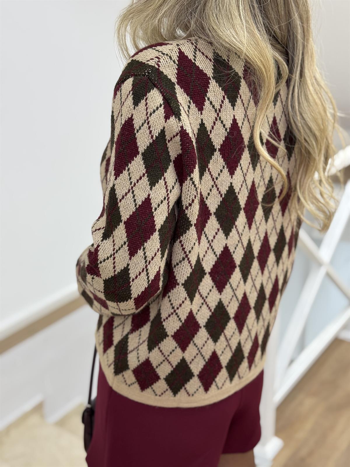 Baklava Desenli Triko Hırka - Bordo