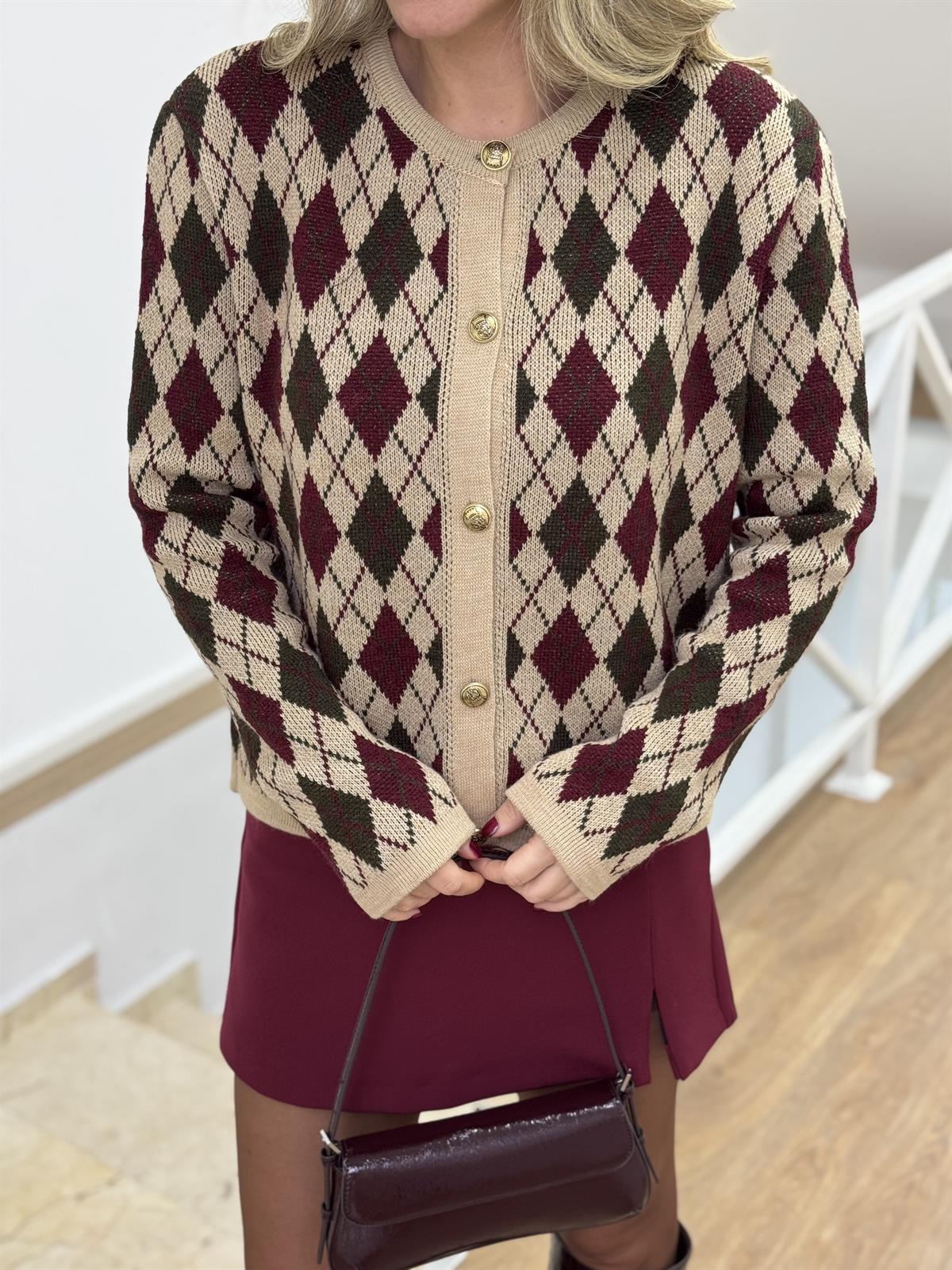 Baklava Desenli Triko Hırka - Bordo