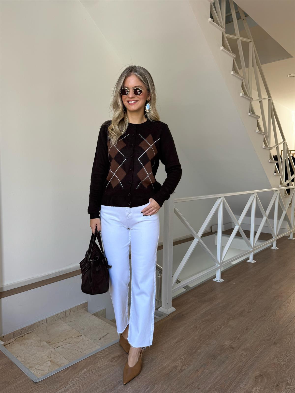 Baklava Desenli Triko Hırka - Kahverengi