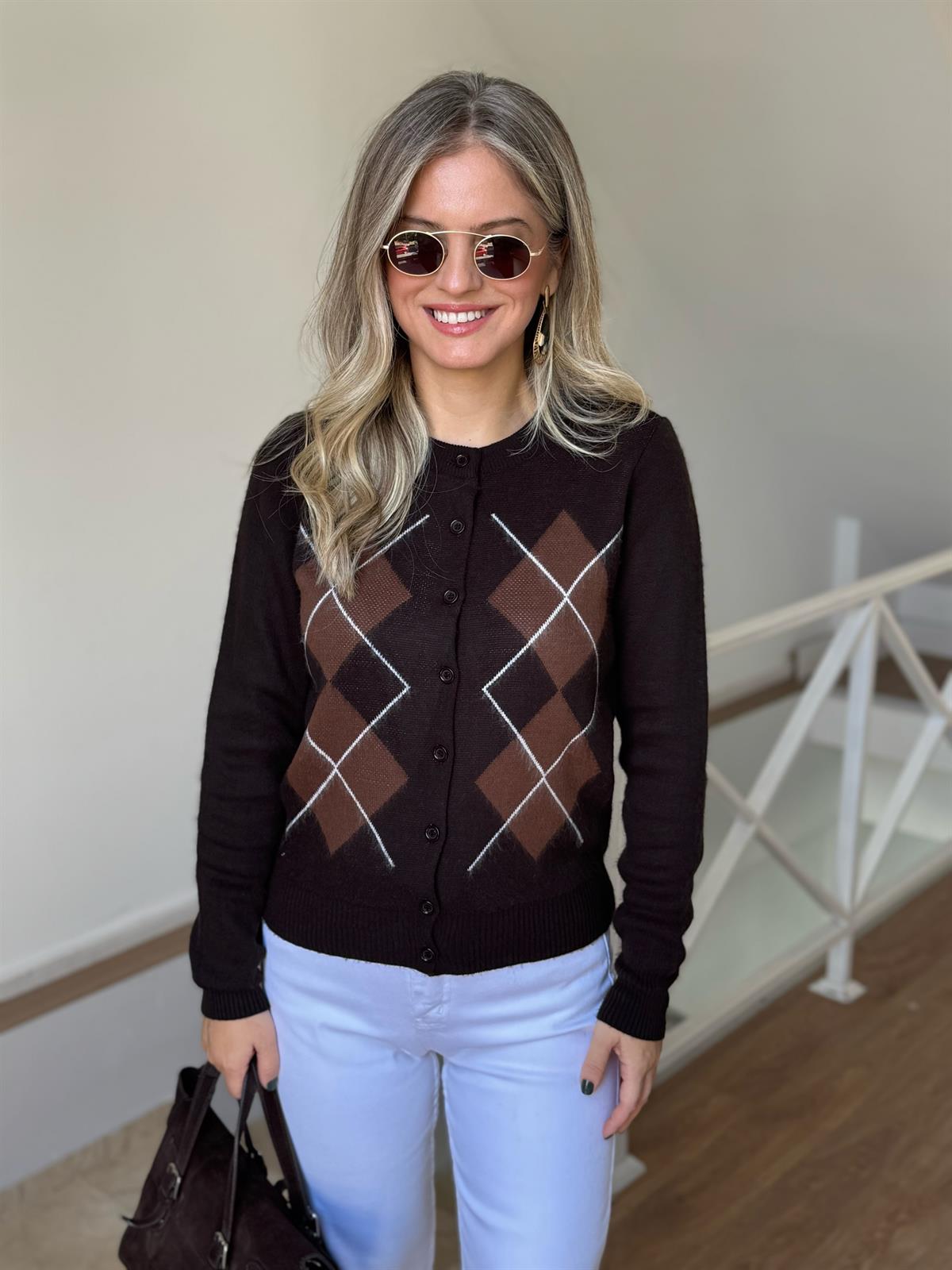 Baklava Desenli Triko Hırka - Kahverengi