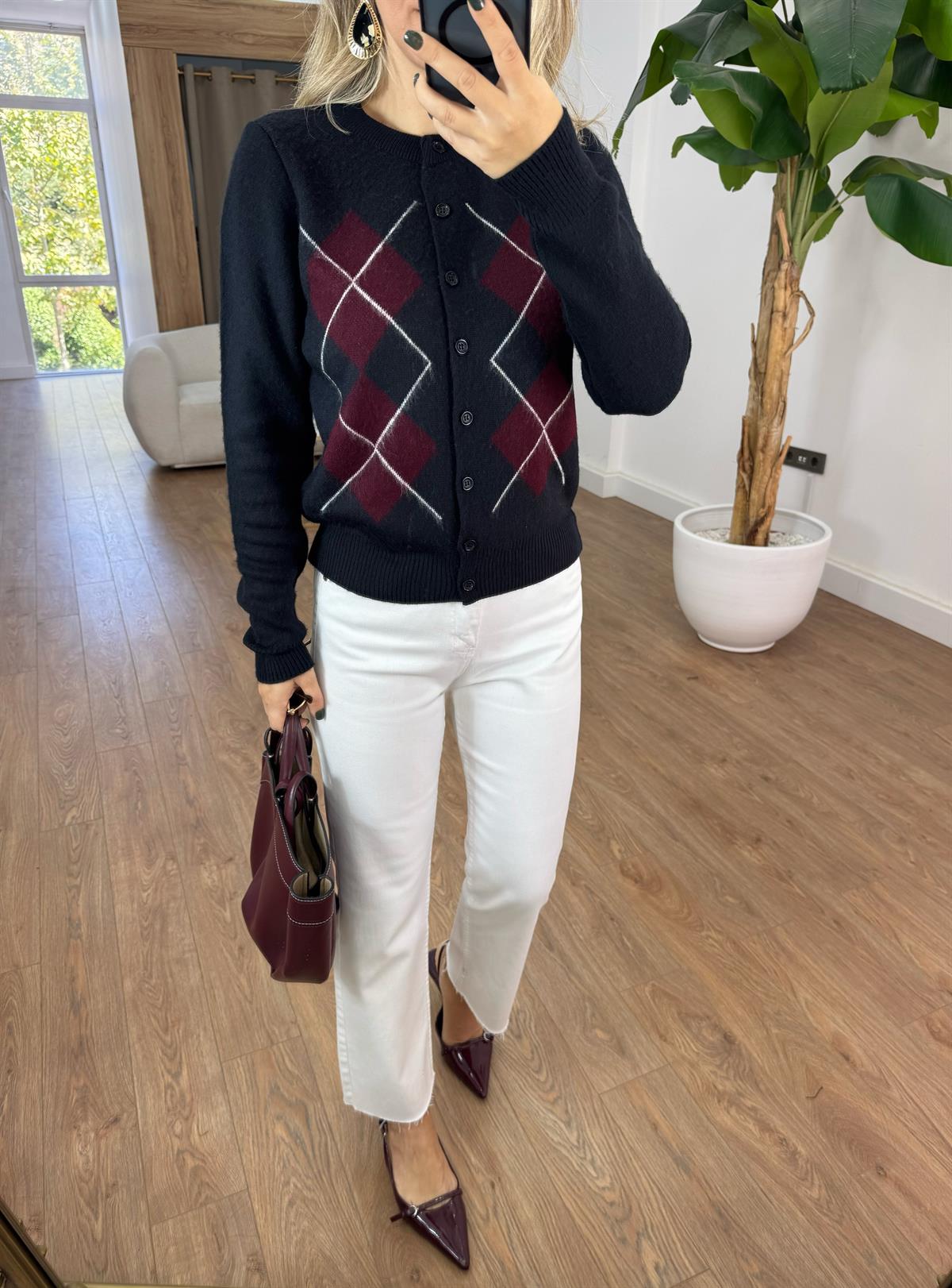 Baklava Desenli Triko Hırka - Lacivert 