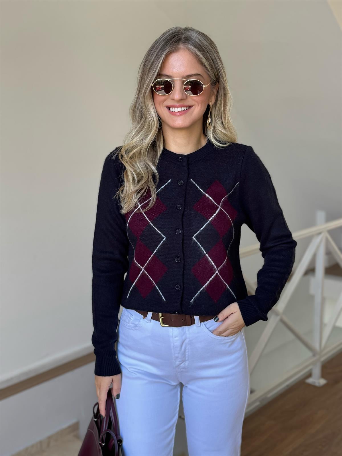 Baklava Desenli Triko Hırka - Lacivert 