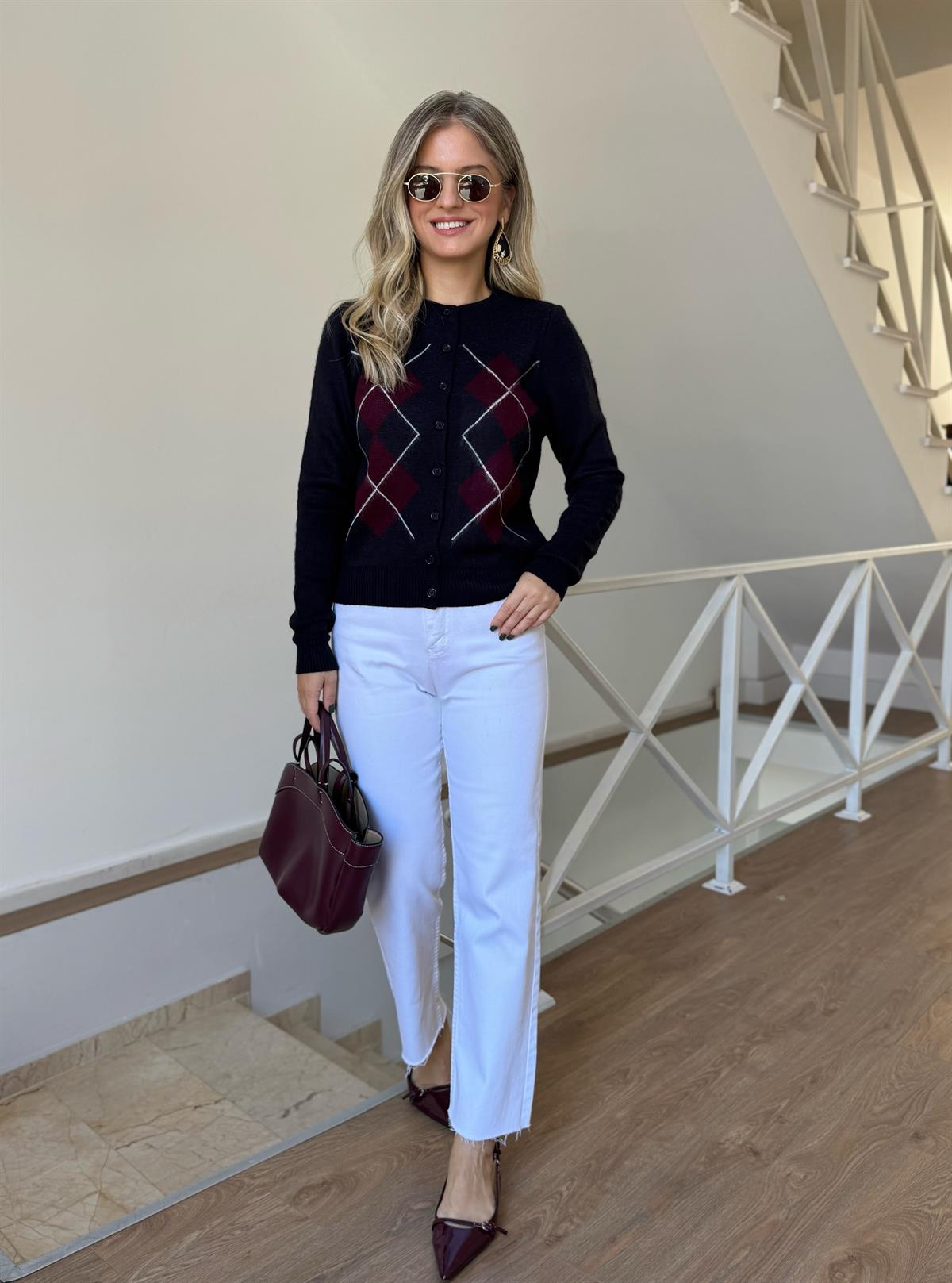 Baklava Desenli Triko Hırka - Lacivert 