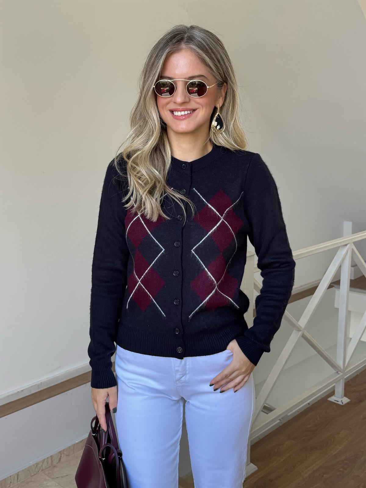 Baklava Desenli Triko Hırka - Lacivert 