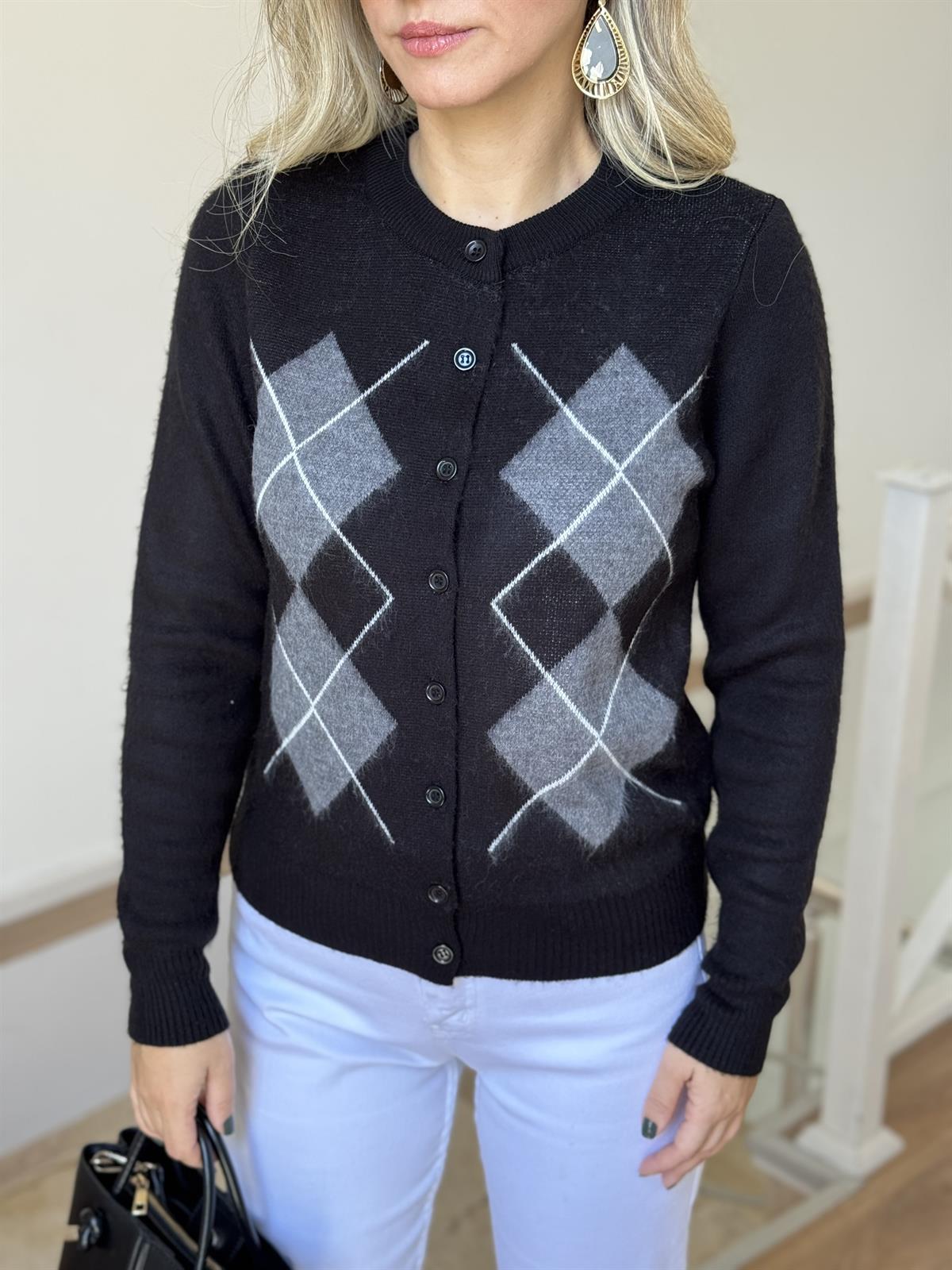 Baklava Desenli Triko Hırka - Siyah