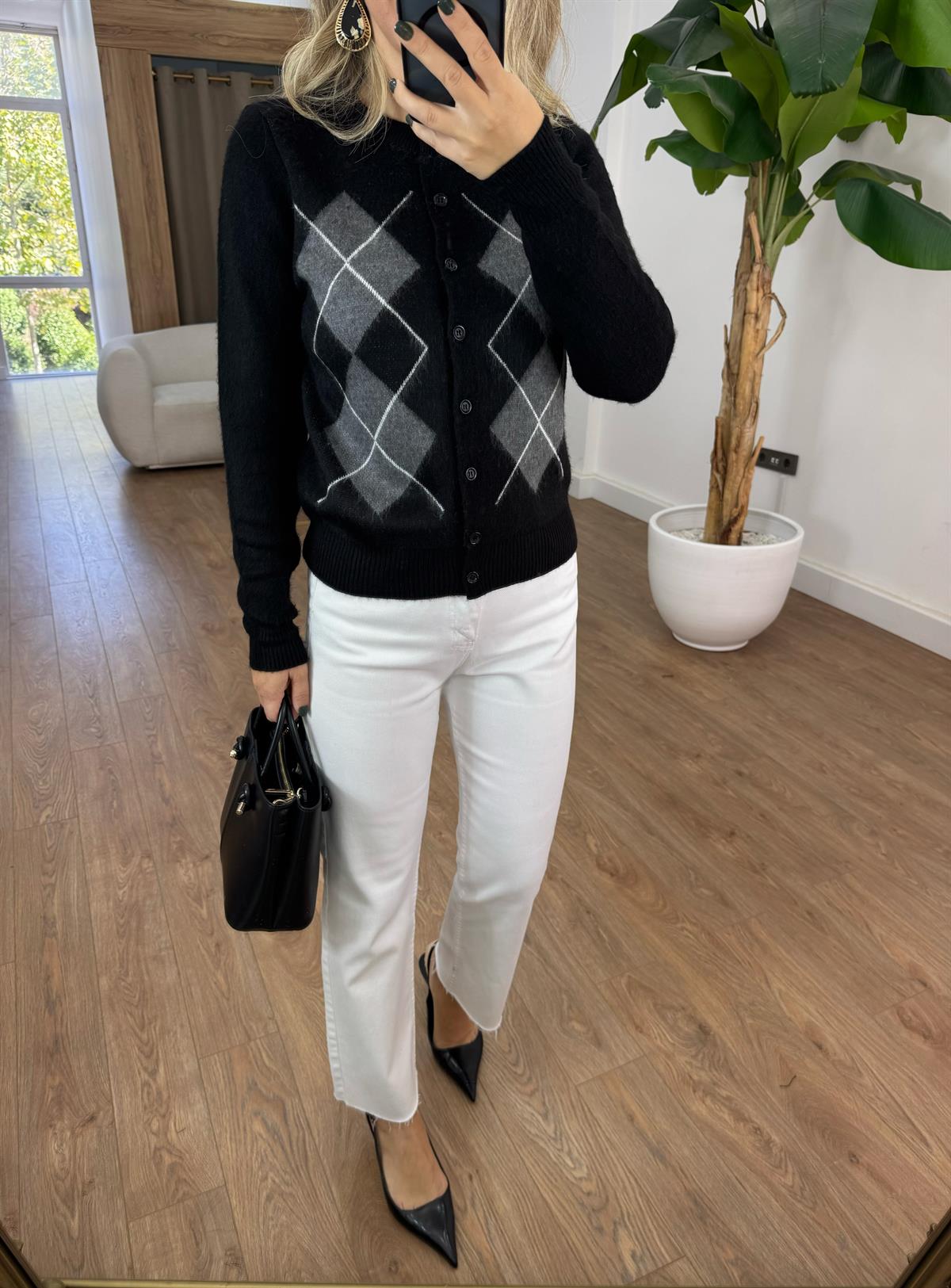 Baklava Desenli Triko Hırka - Siyah