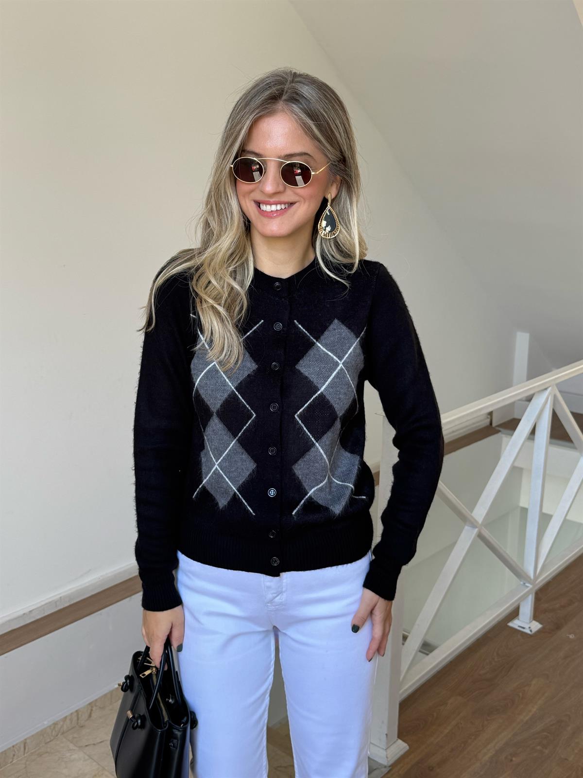 Baklava Desenli Triko Hırka - Siyah