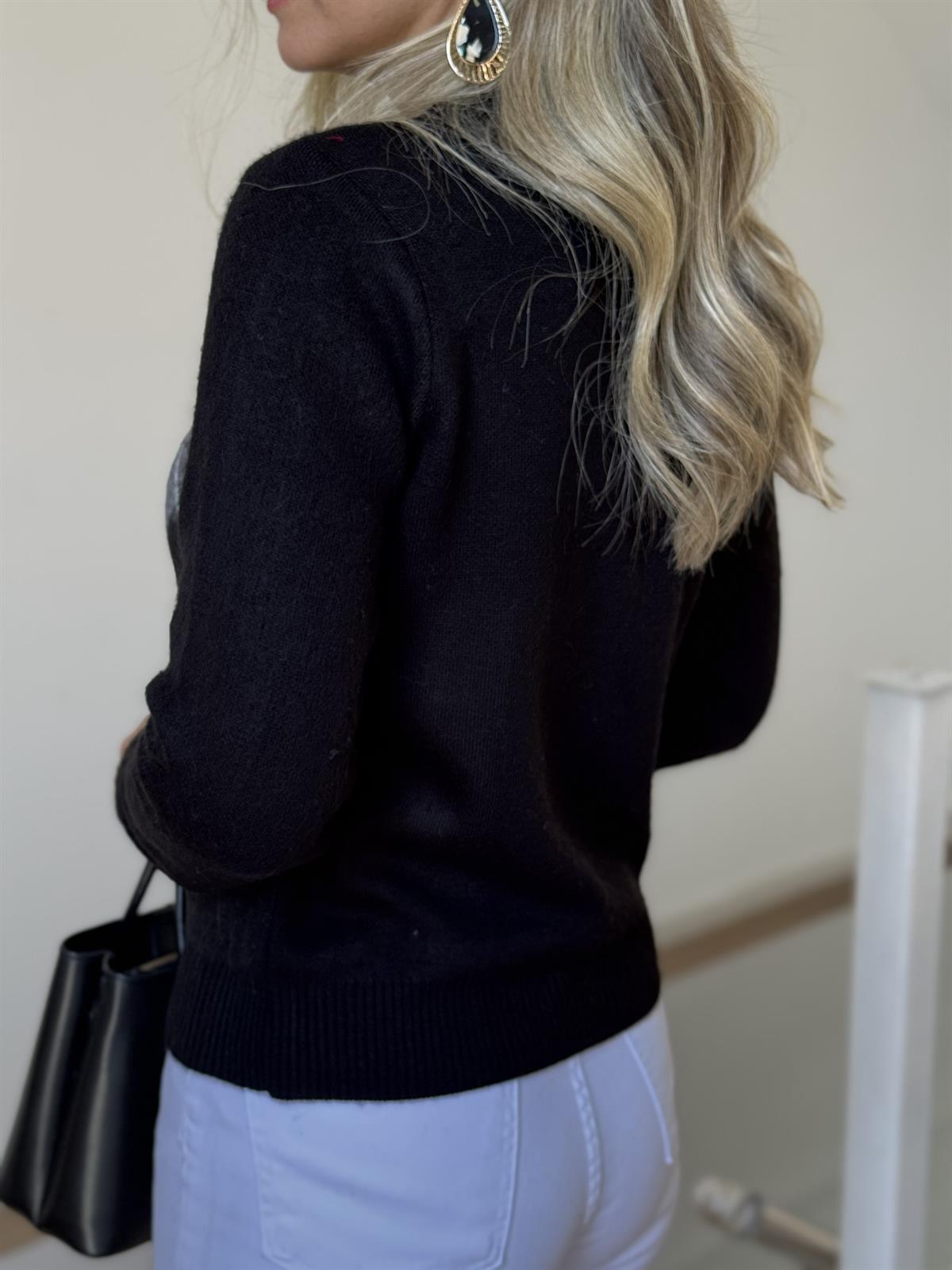 Baklava Desenli Triko Hırka - Siyah