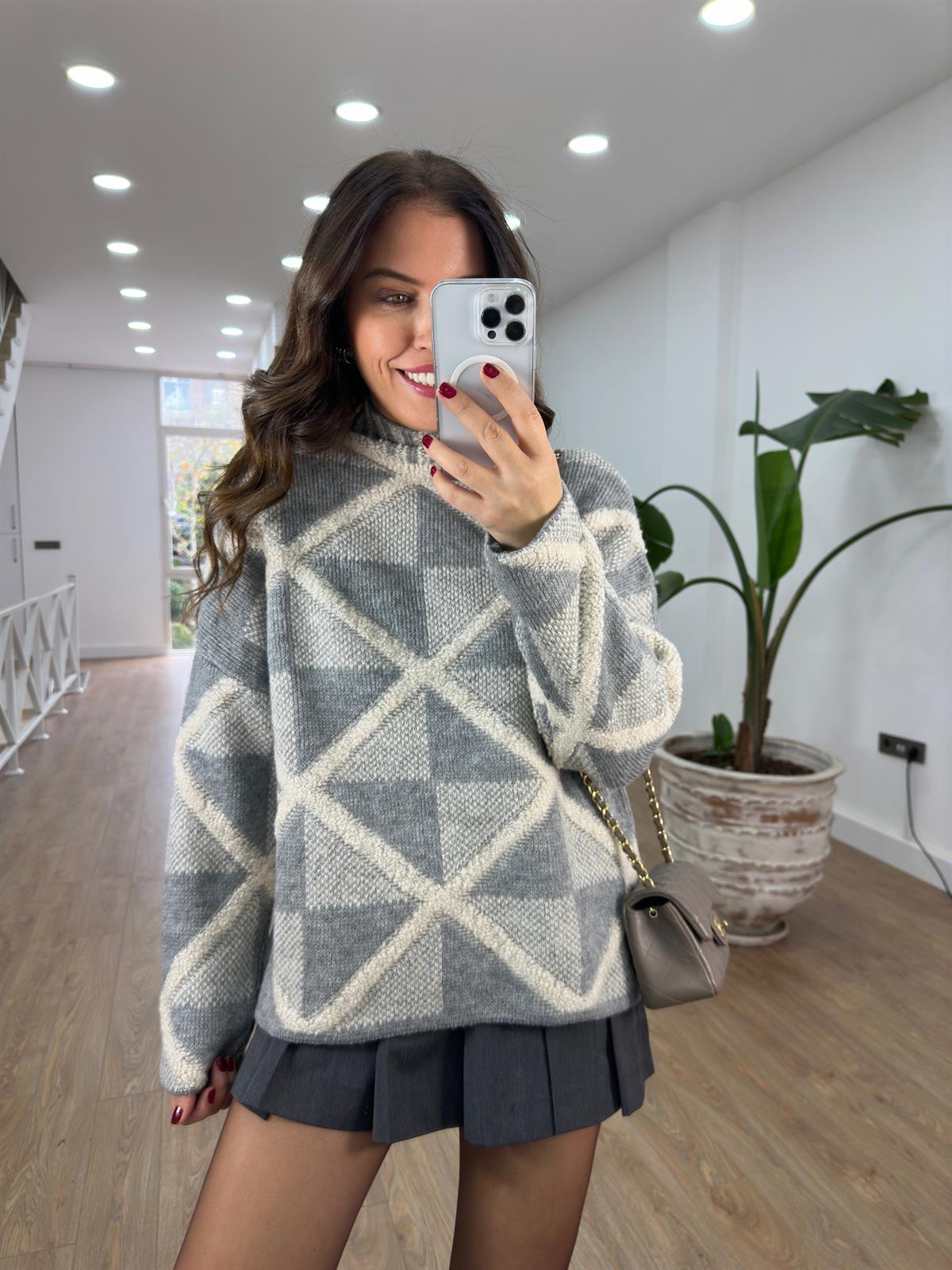 Balıkçı Yaka Baklava Desen Kazak