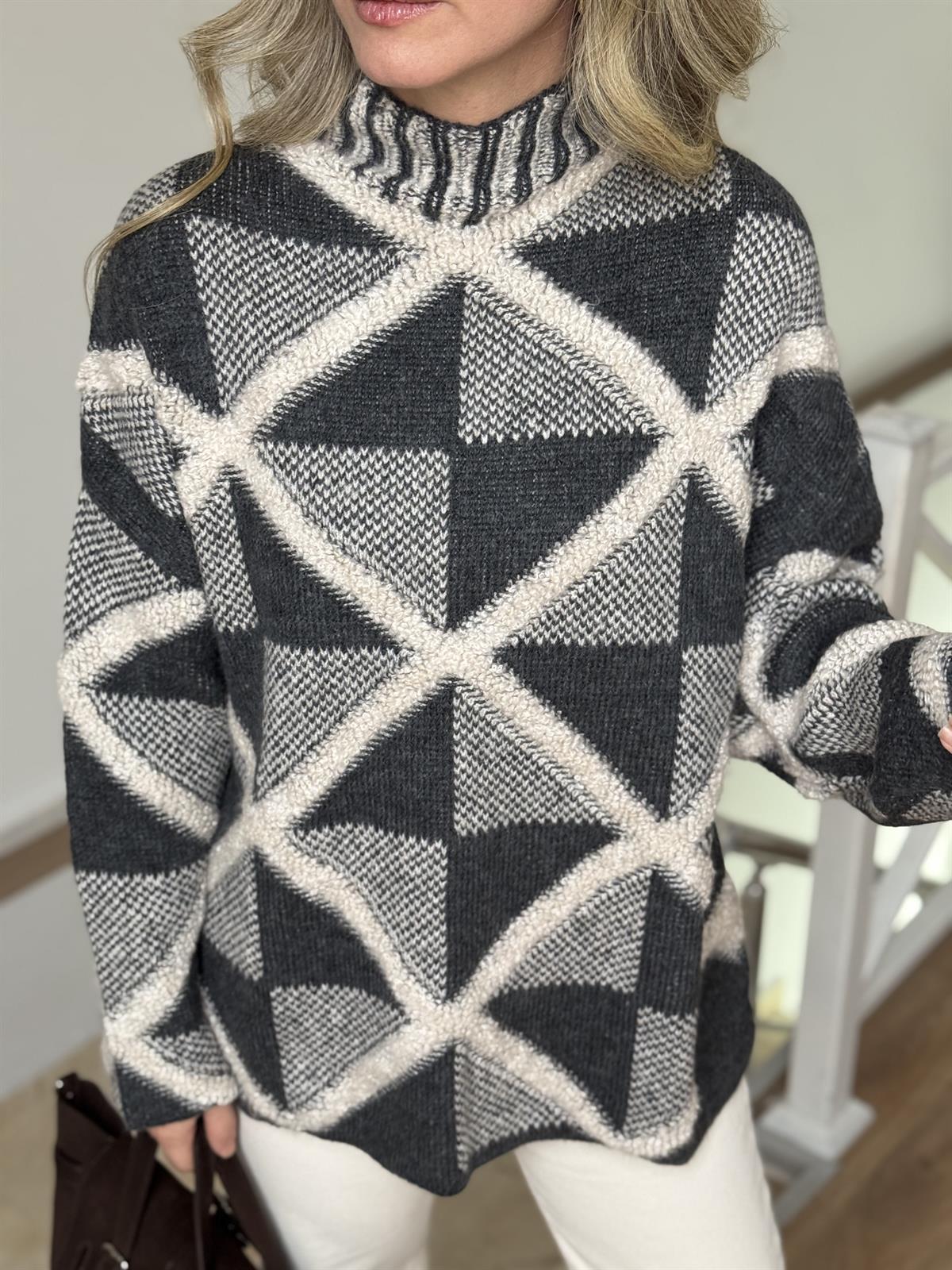 Balıkçı Yaka Baklava Desen Kazak - Antrasit 