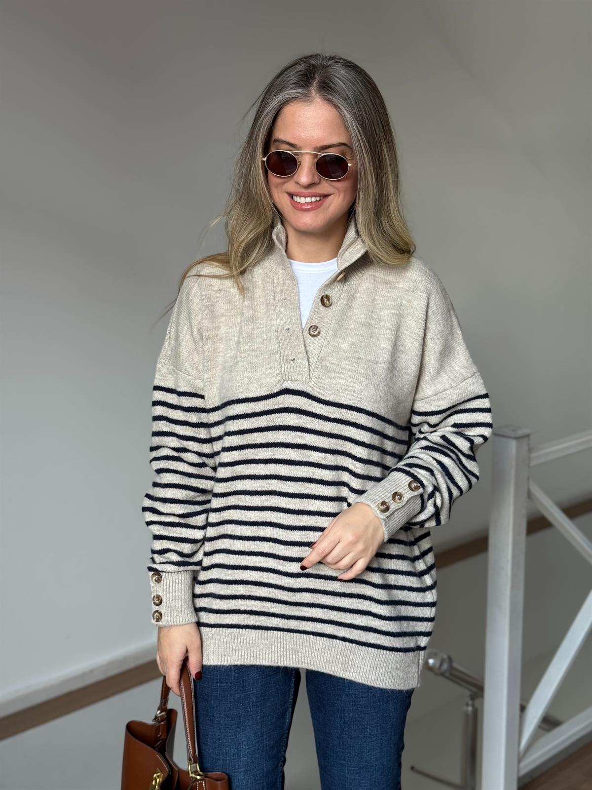 Balıkçı Yaka Çizgili Düğmeli Kazak - Bej