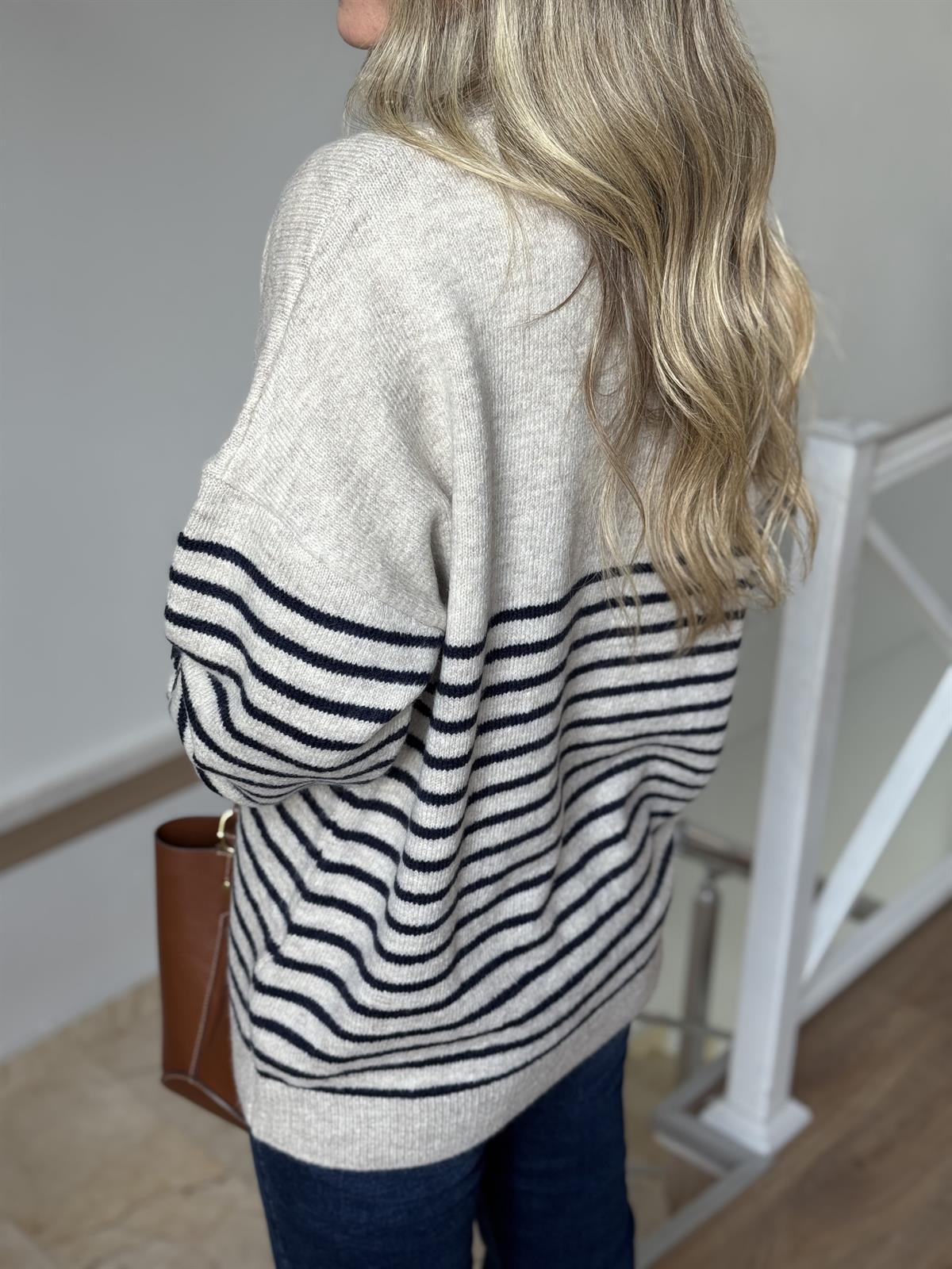 Balıkçı Yaka Çizgili Düğmeli Kazak - Bej