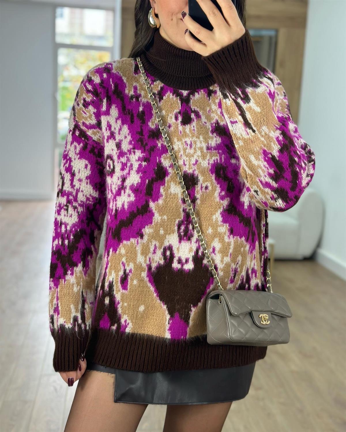 Balıkçı Yaka Desenli Şardonlu Kazak-Acı Kahve