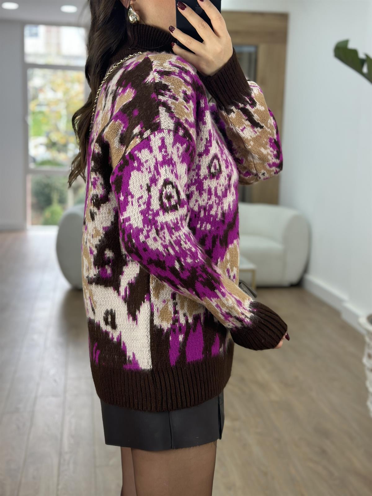 Balıkçı Yaka Desenli Şardonlu Kazak-Acı Kahve