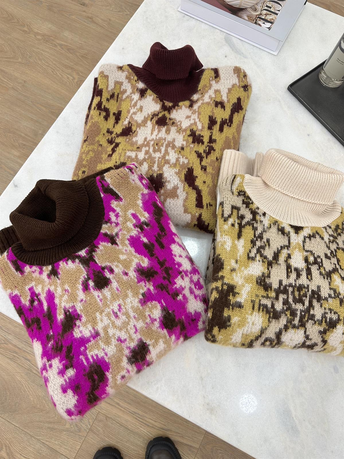 Balıkçı Yaka Desenli Şardonlu Kazak-Acı Kahve