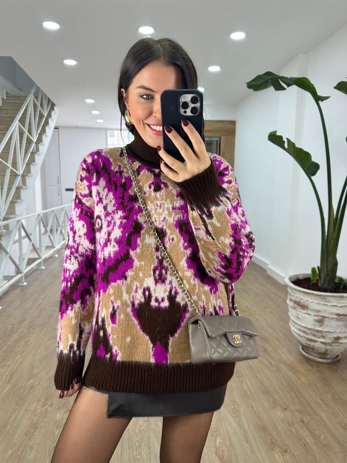 Balıkçı Yaka Desenli Şardonlu Kazak-Acı Kahve