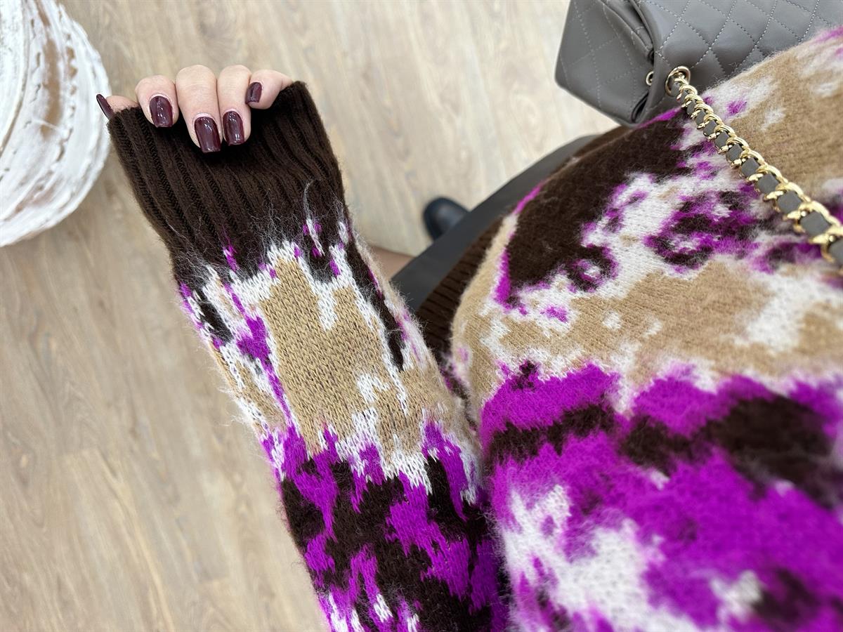 Balıkçı Yaka Desenli Şardonlu Kazak-Acı Kahve