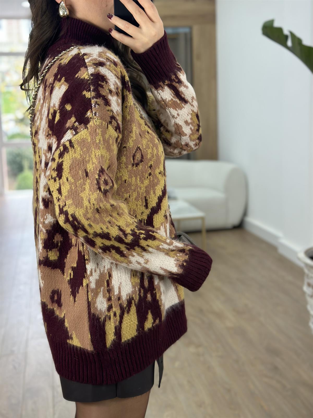 Balıkçı Yaka Desenli Şardonlu Kazak-Bordo