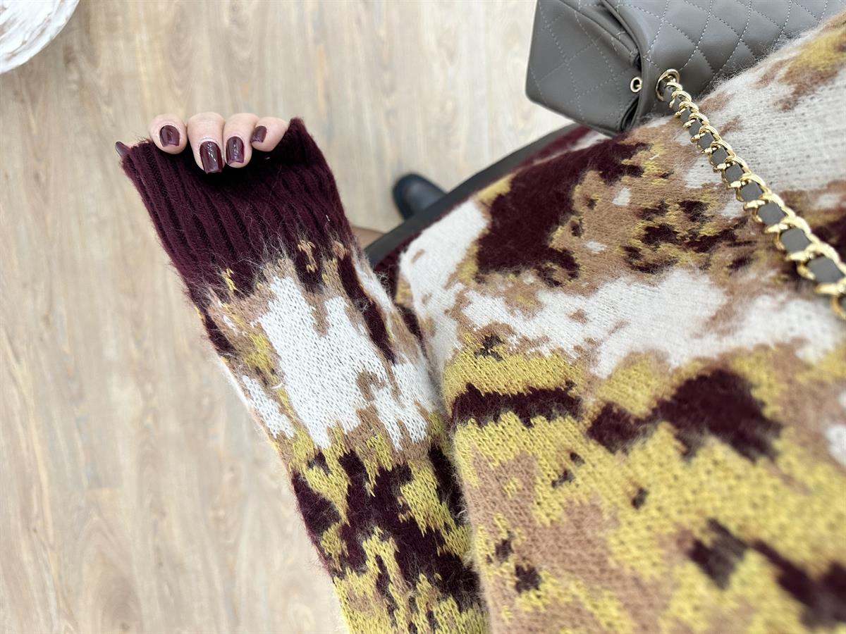 Balıkçı Yaka Desenli Şardonlu Kazak-Bordo