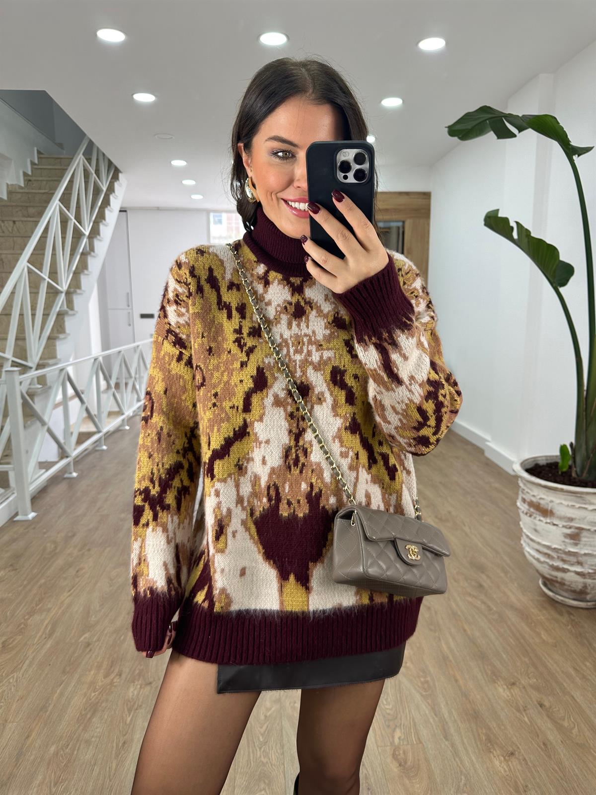 Balıkçı Yaka Desenli Şardonlu Kazak-Bordo