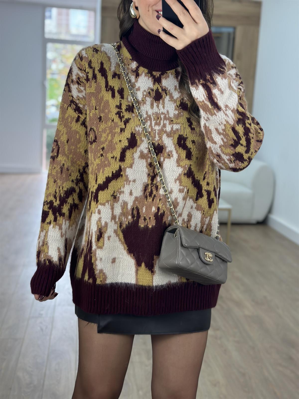 Balıkçı Yaka Desenli Şardonlu Kazak-Bordo