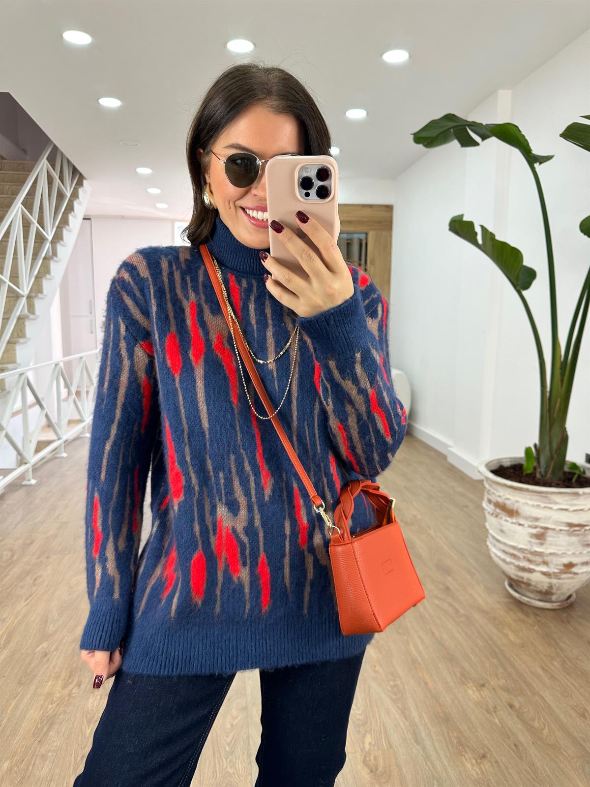 Balıkçı Yaka Desenli Şardonlu Kazak-Lacivert