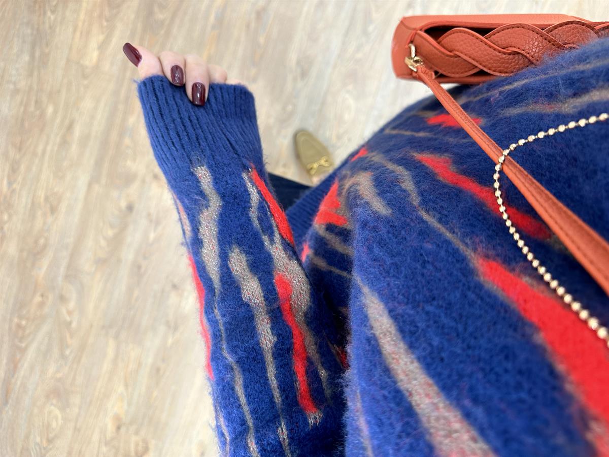 Balıkçı Yaka Desenli Şardonlu Kazak-Lacivert