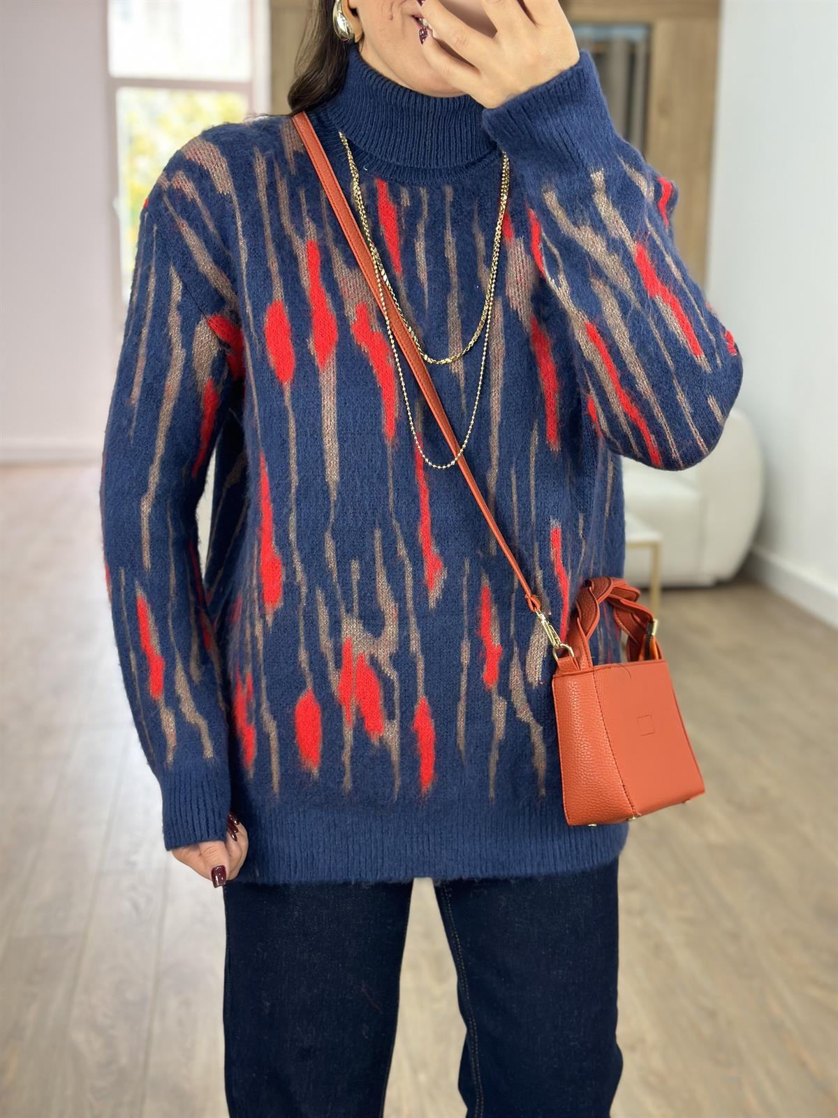 Balıkçı Yaka Desenli Şardonlu Kazak-Lacivert