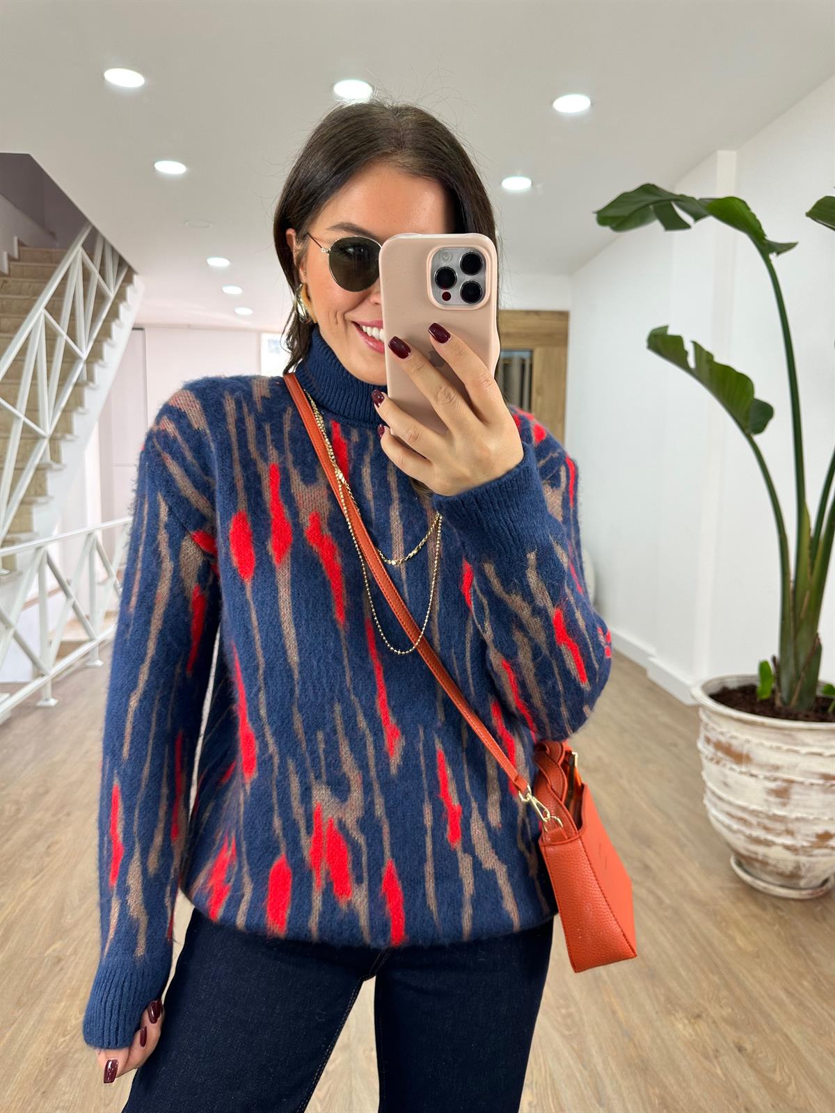 Balıkçı Yaka Desenli Şardonlu Kazak-Lacivert