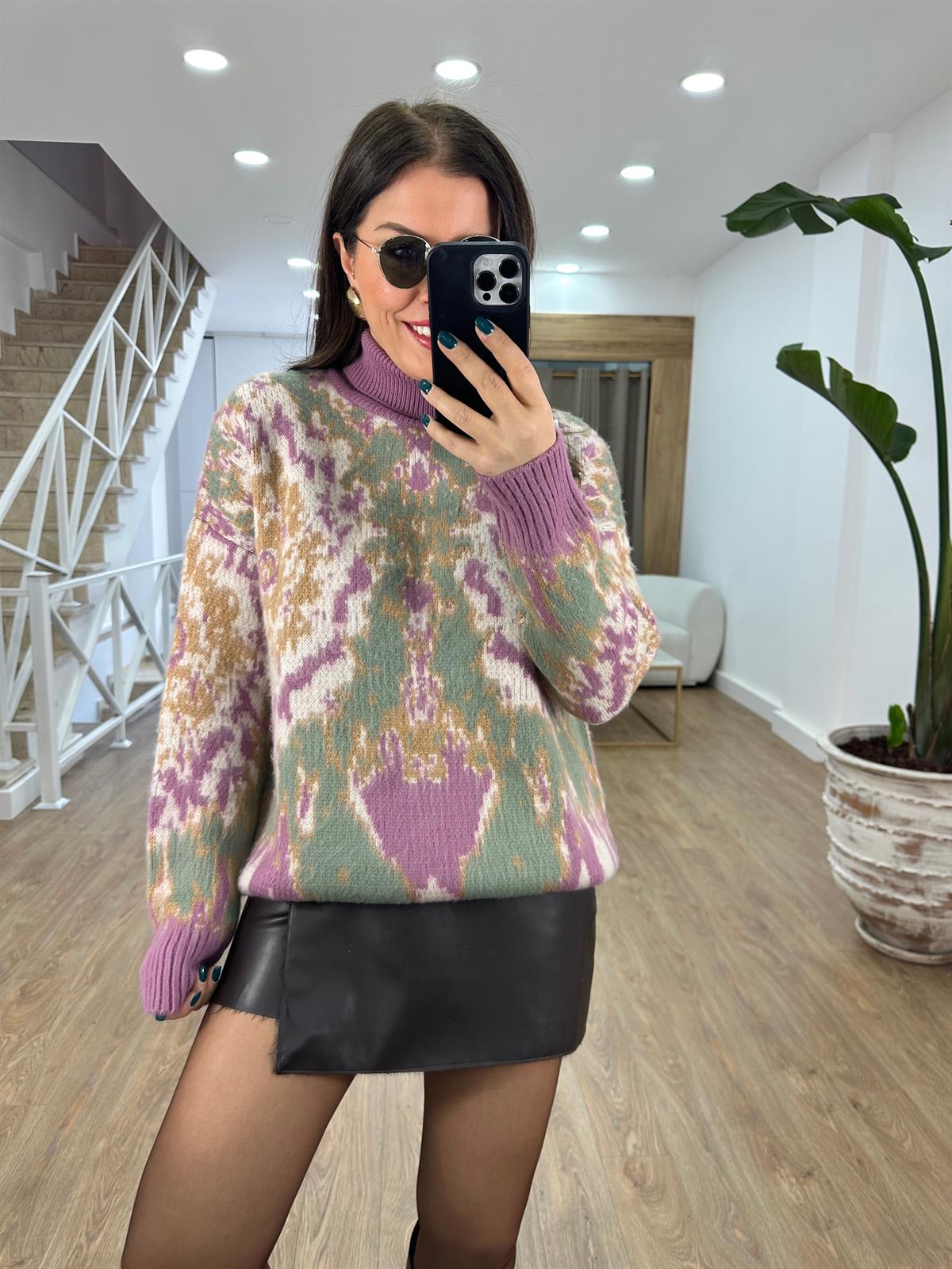 Balıkçı Yaka Desenli Şardonlu Kazak-Lila