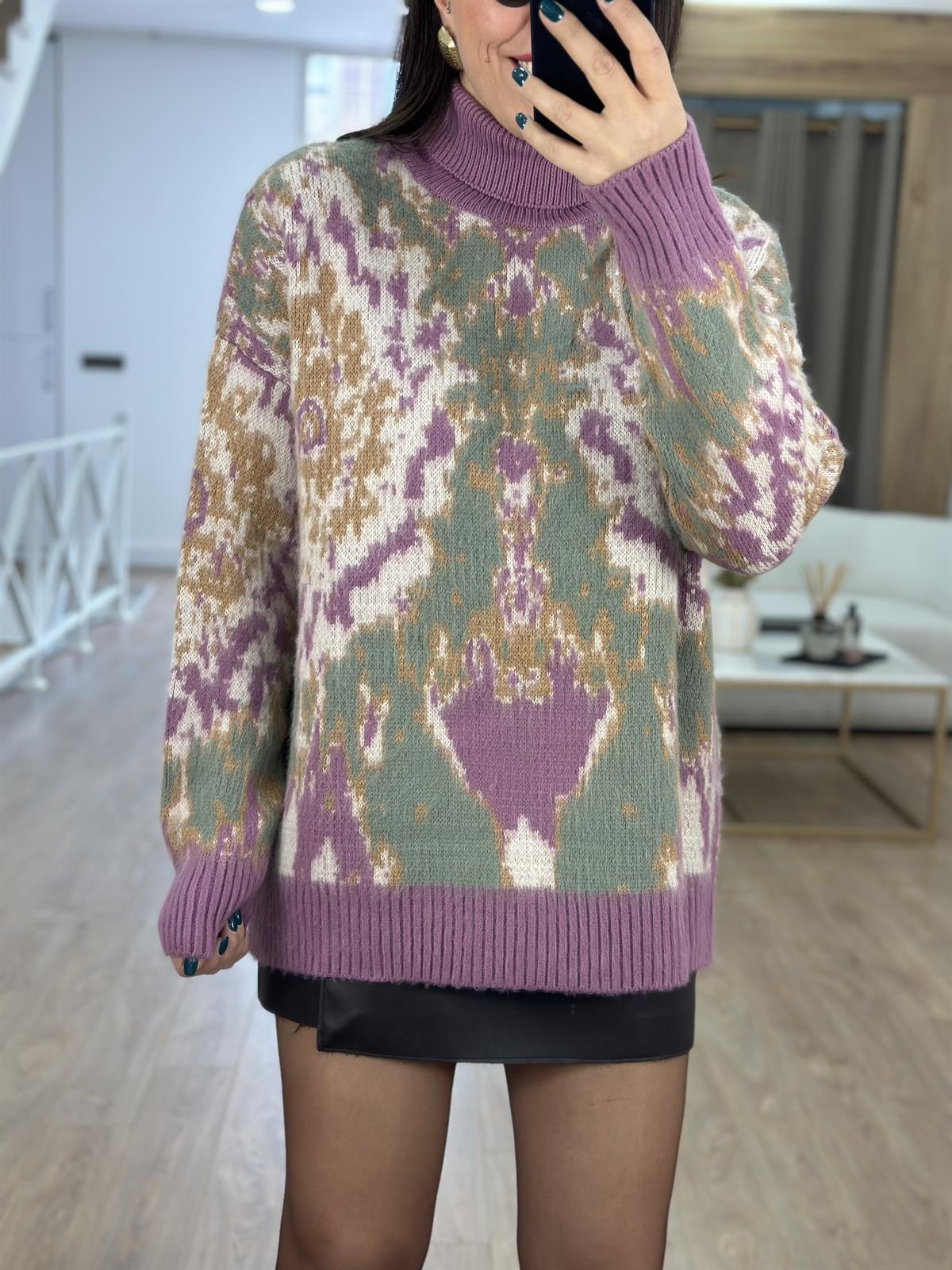 Balıkçı Yaka Desenli Şardonlu Kazak-Lila