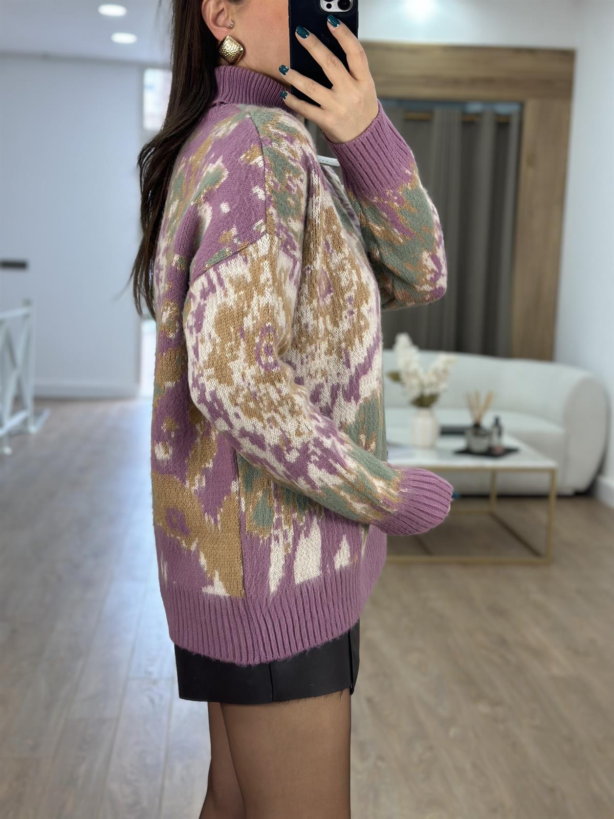 Balıkçı Yaka Desenli Şardonlu Kazak-Lila