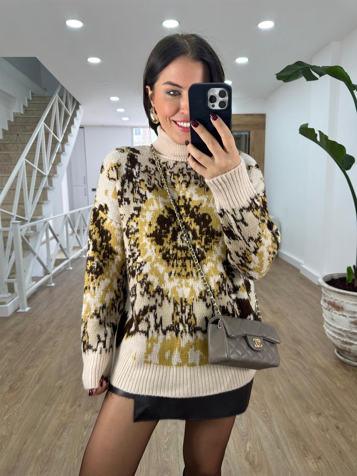 Balıkçı Yaka Desenli Şardonlu Kazak-Vanilya