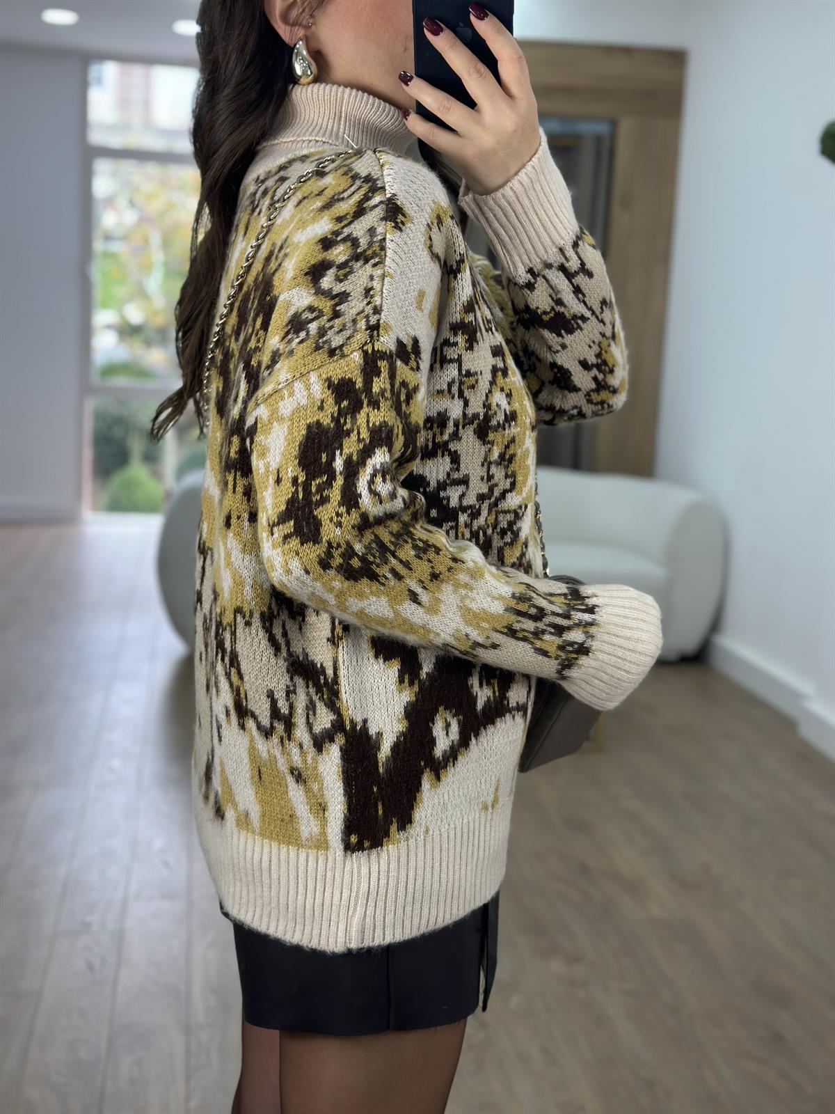 Balıkçı Yaka Desenli Şardonlu Kazak-Vanilya