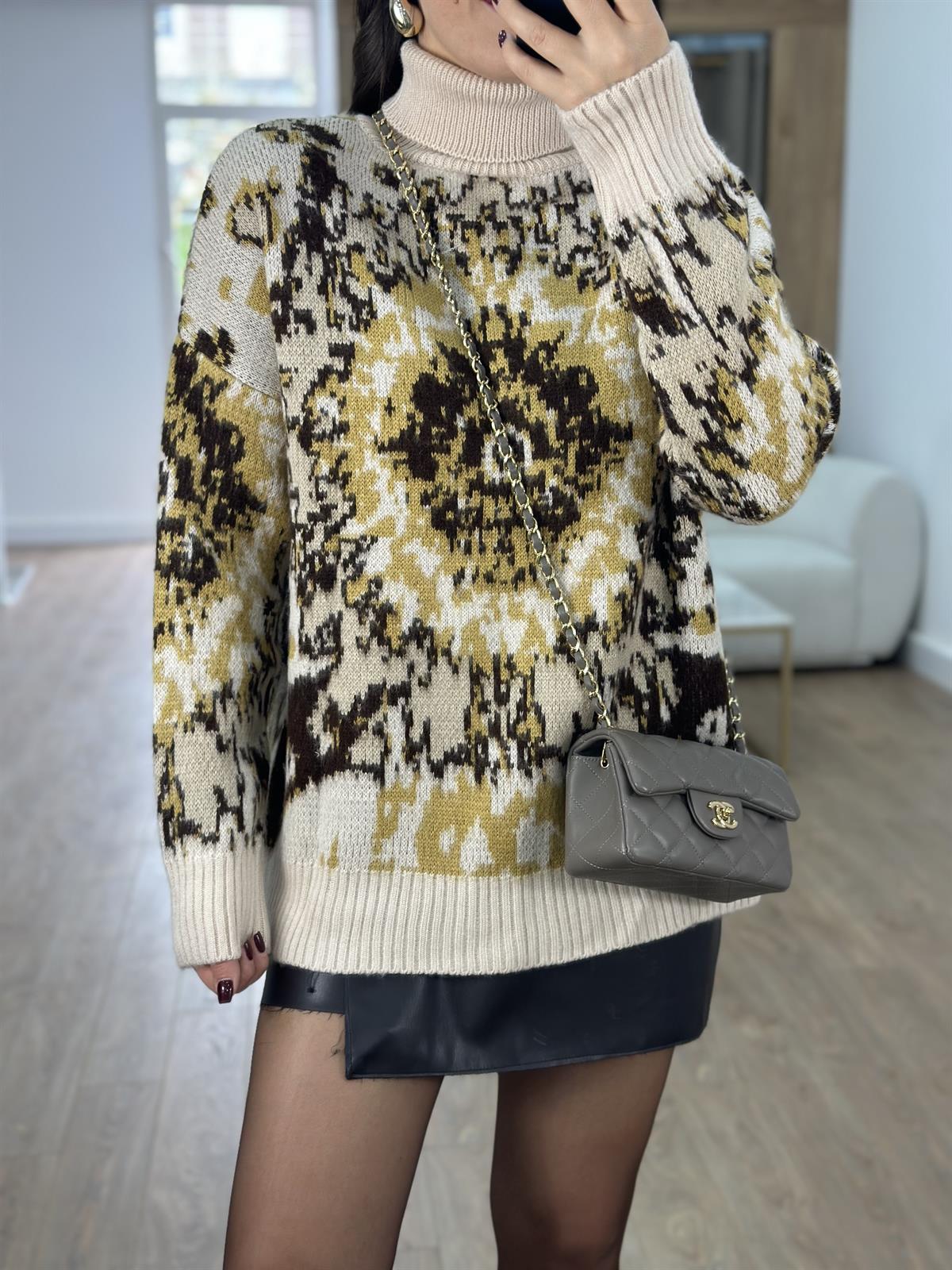 Balıkçı Yaka Desenli Şardonlu Kazak-Vanilya