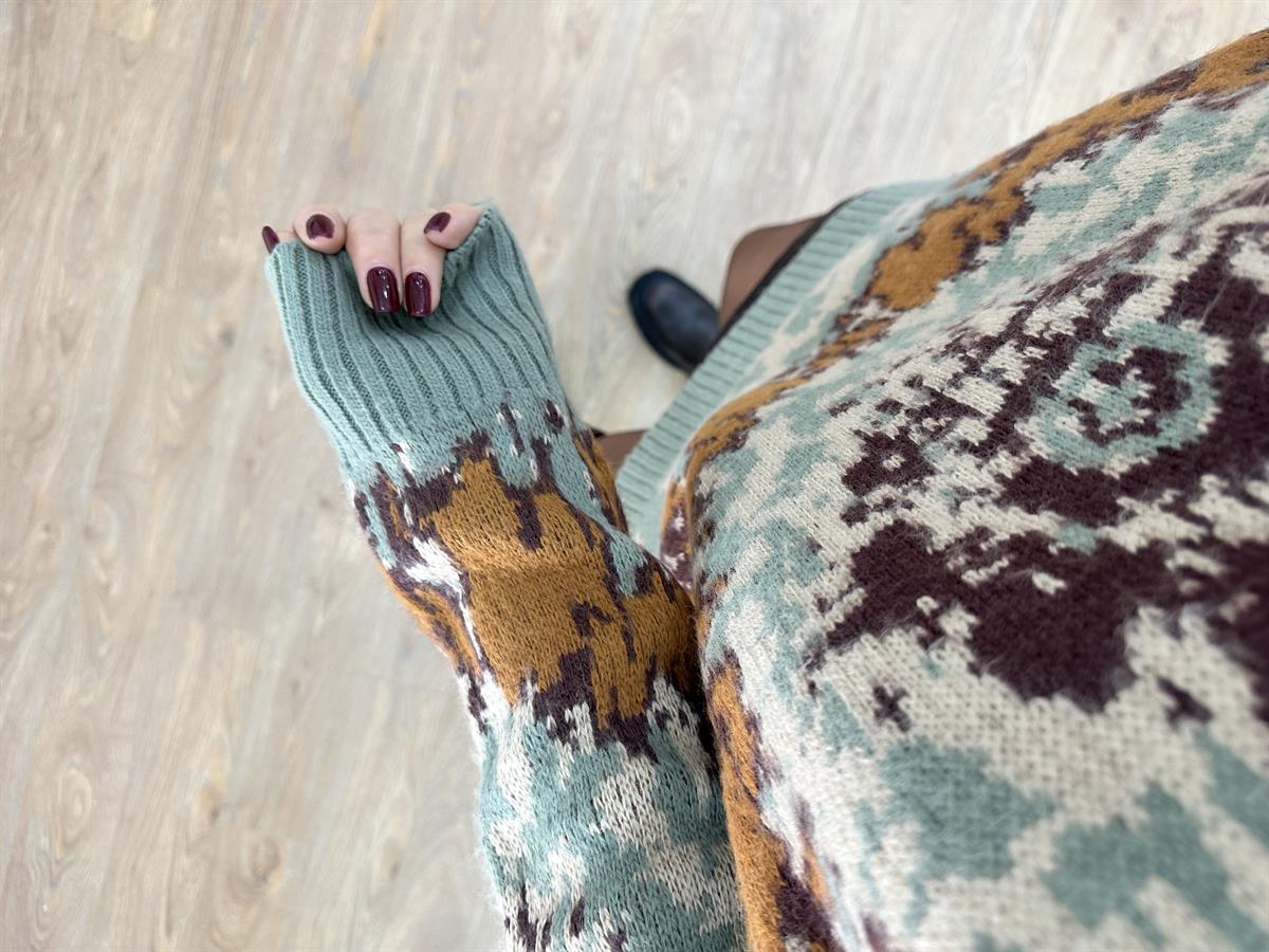 Balıkçı Yaka Desenli Şardonlu Kazak-Yağ Yeşili