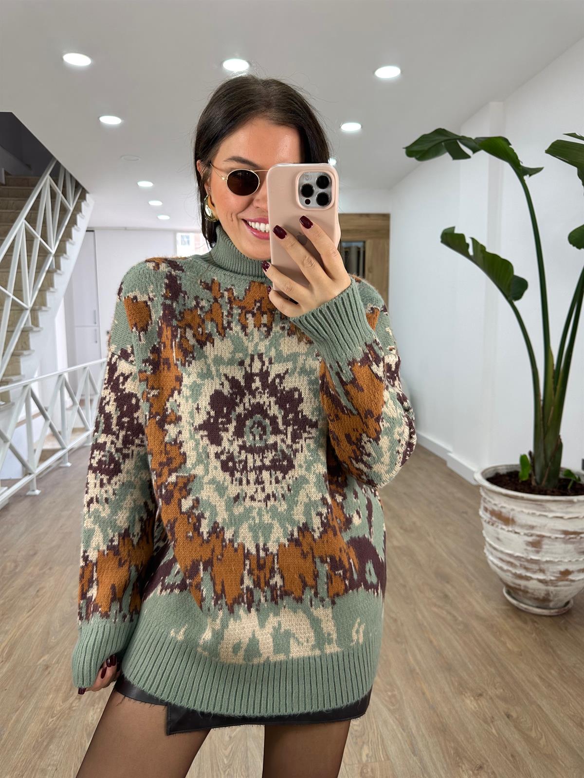 Balıkçı Yaka Desenli Şardonlu Kazak-Yağ Yeşili