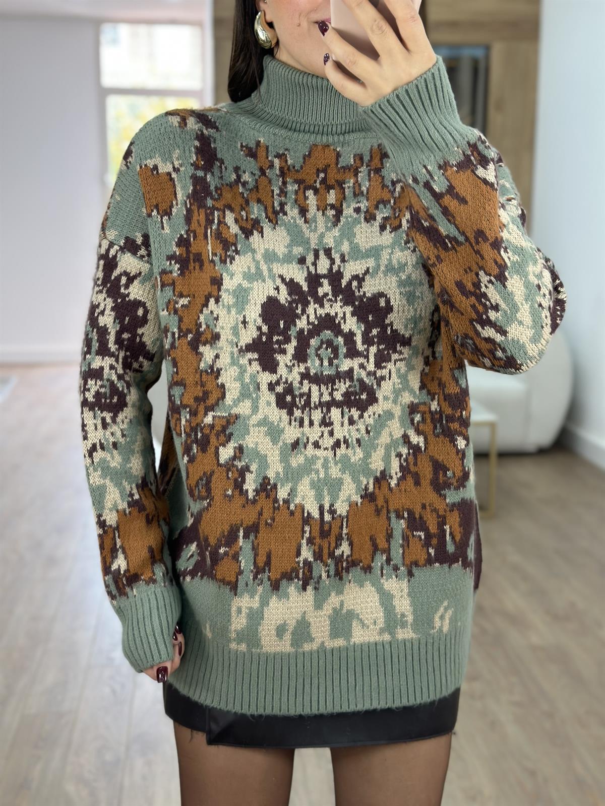 Balıkçı Yaka Desenli Şardonlu Kazak-Yağ Yeşili