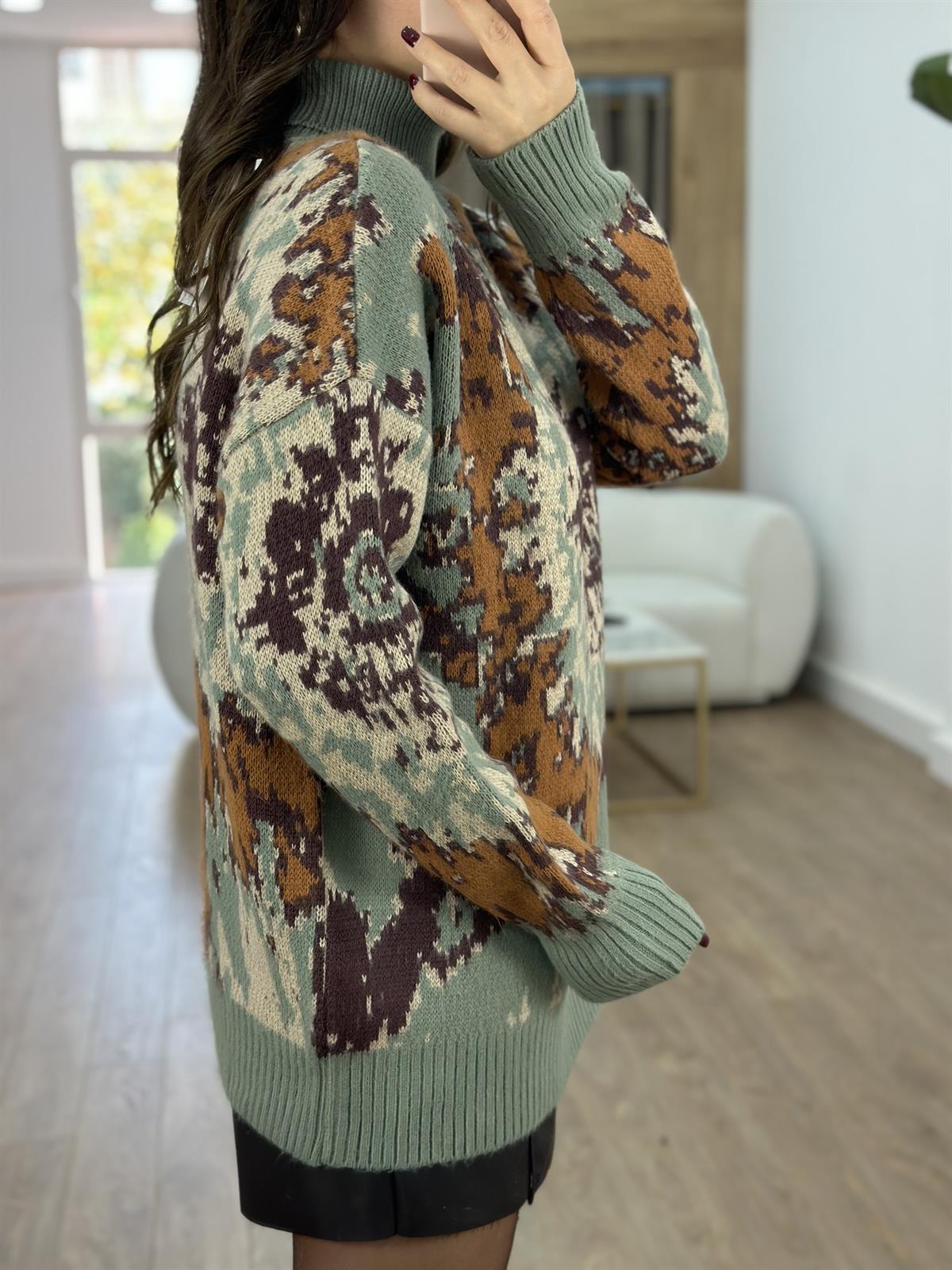 Balıkçı Yaka Desenli Şardonlu Kazak-Yağ Yeşili