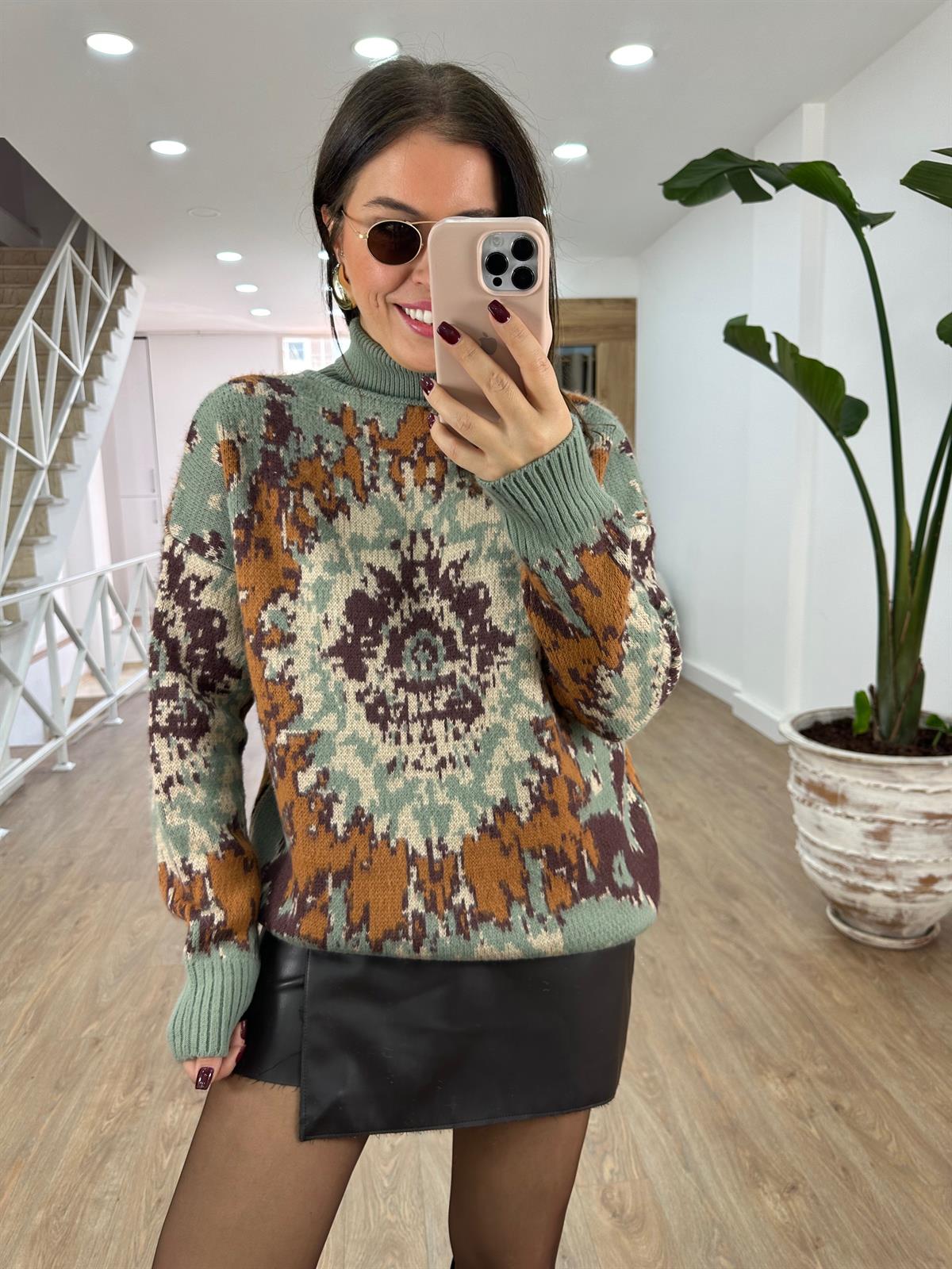 Balıkçı Yaka Desenli Şardonlu Kazak-Yağ Yeşili