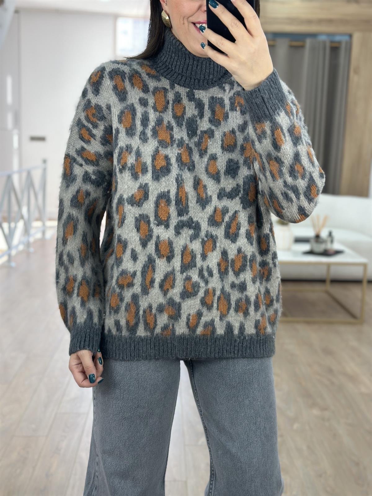 Balıkçı Yaka Leopar Desen Tüylü Kazak-Vizon