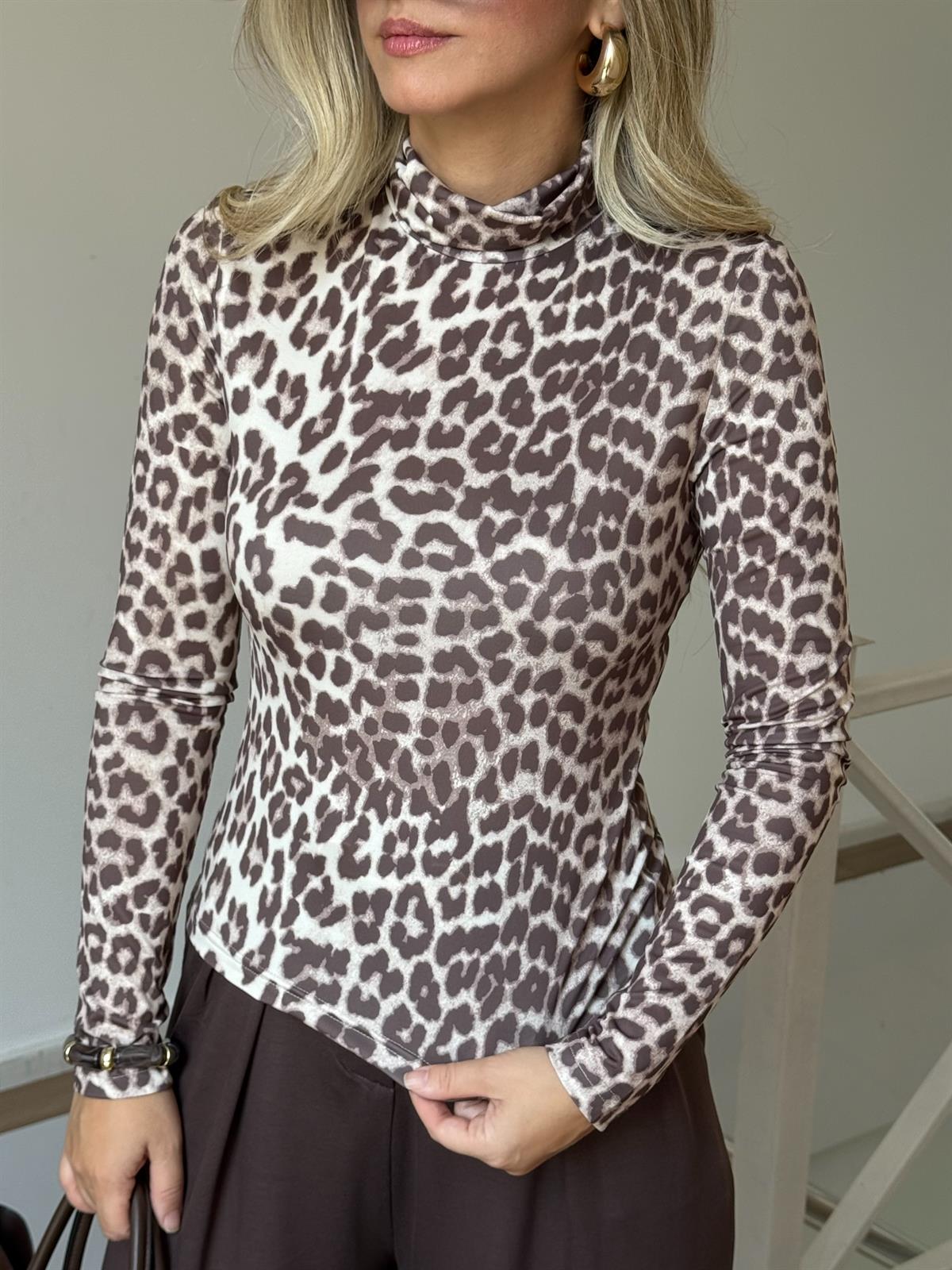 Balıkçı Yaka Likralı Leopar Bluz