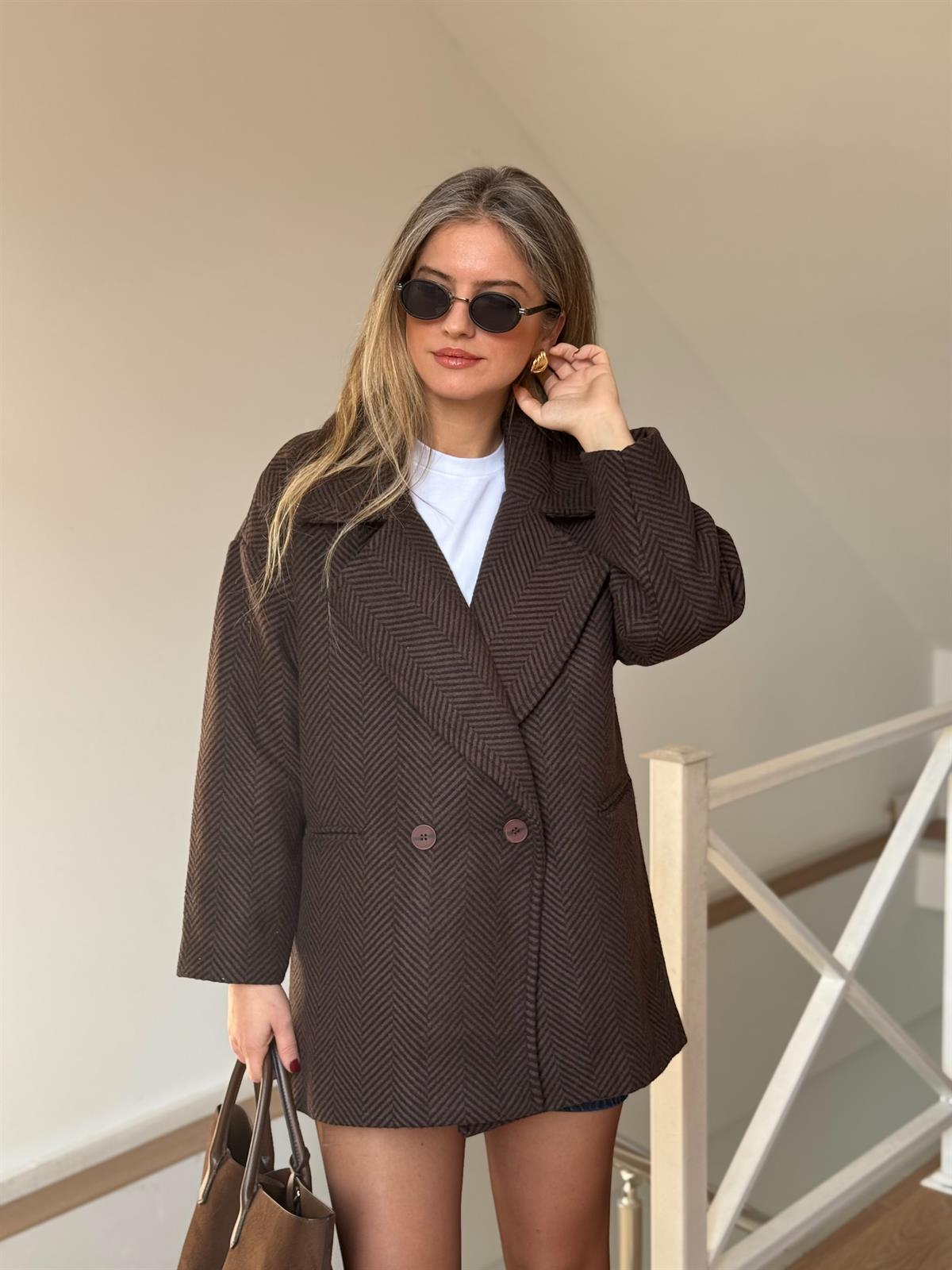 Balıksırtı Oversize Kaban - Acı Kahve