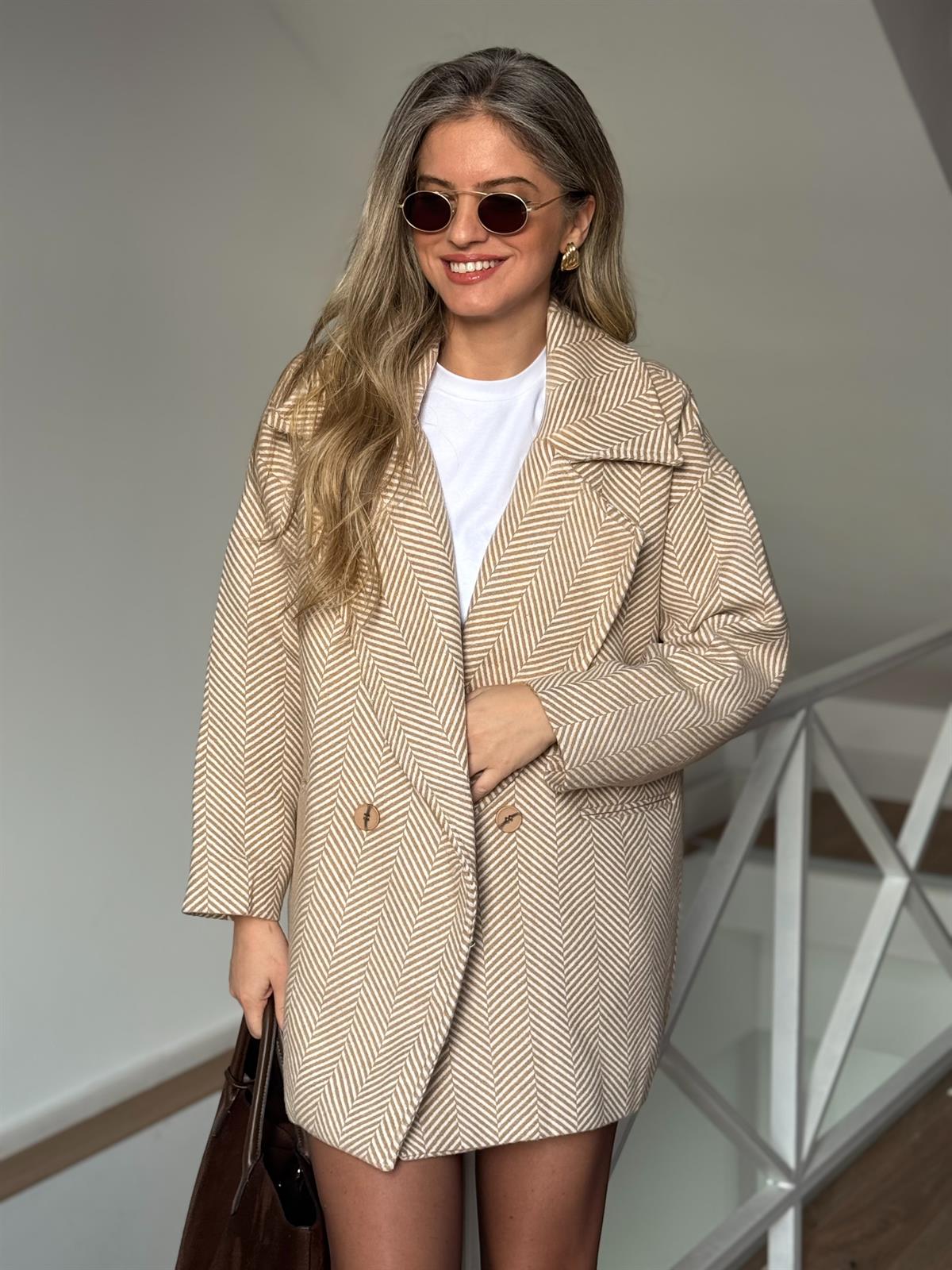 Balıksırtı Oversize Kaban - Bej