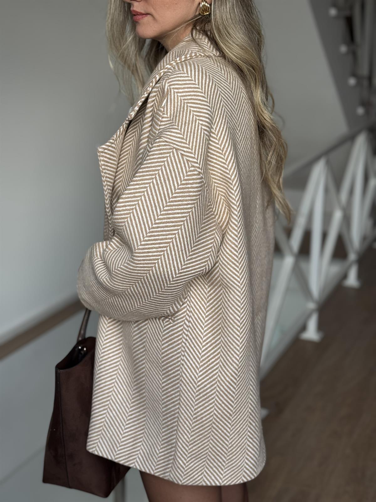 Balıksırtı Oversize Kaban - Bej