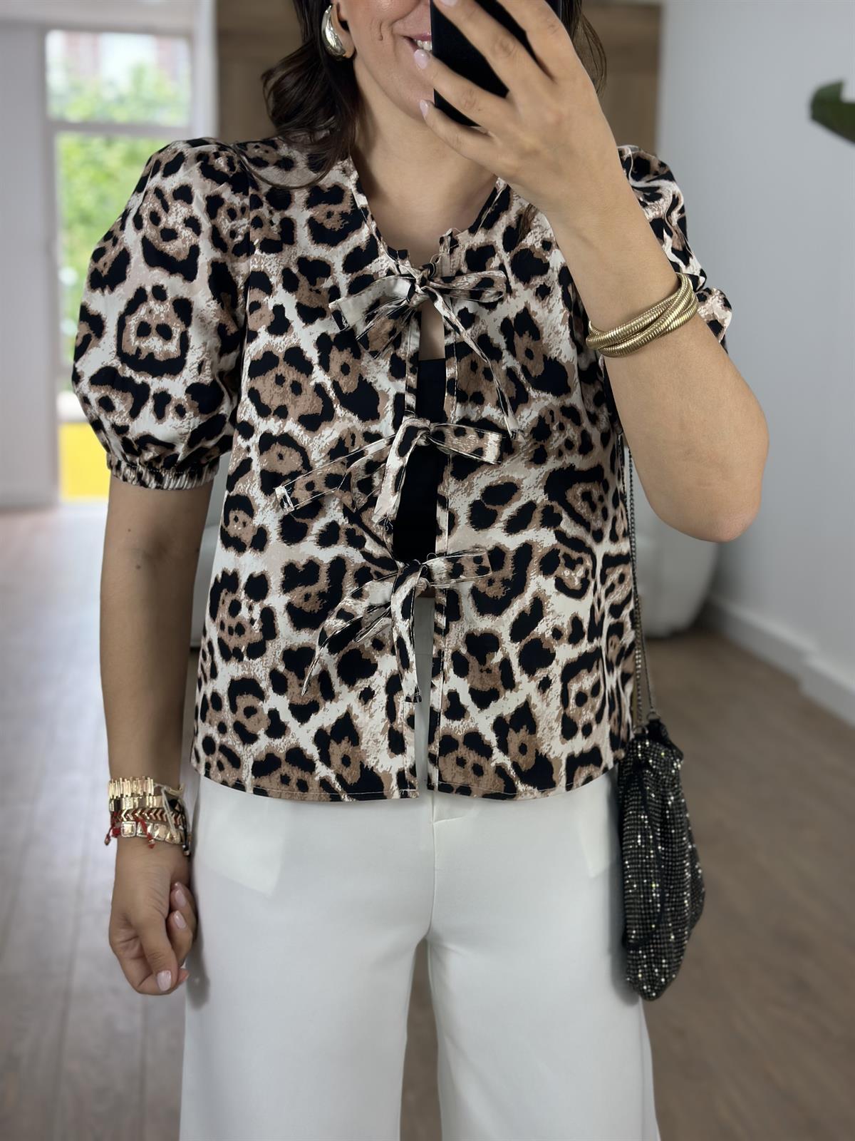 Balon Kol Önü Bağlamalı Leopar Bluz