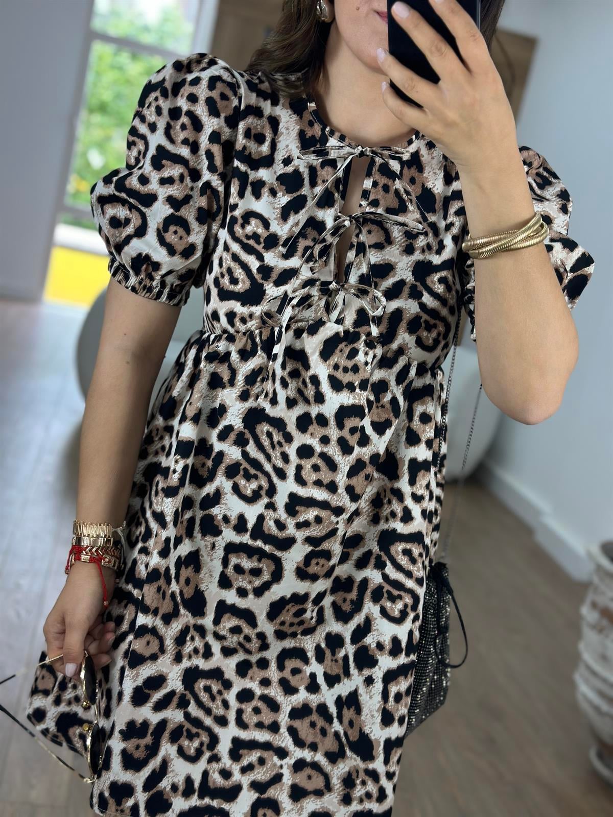 Balon Kol Önü Bağlamalı Leopar  Elbise
