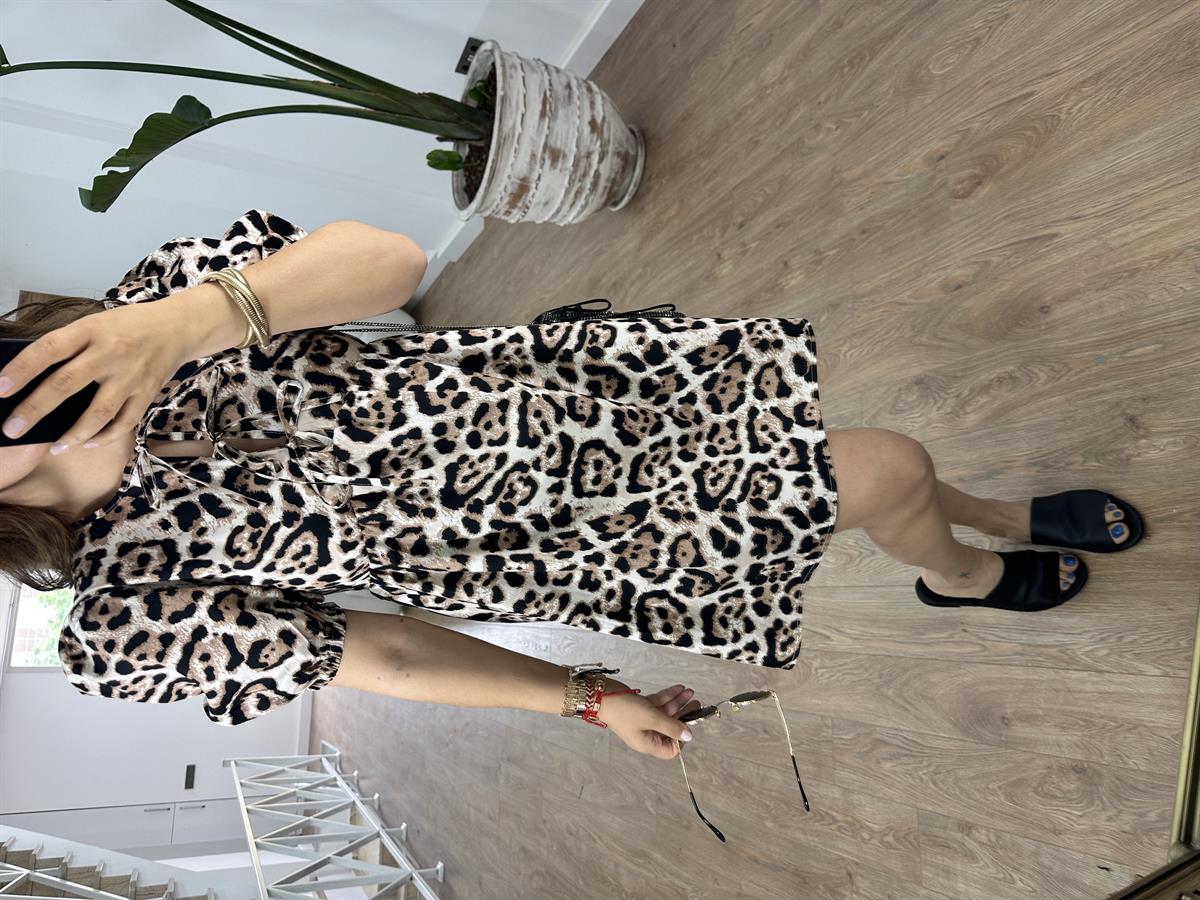 Balon Kol Önü Bağlamalı Leopar  Elbise